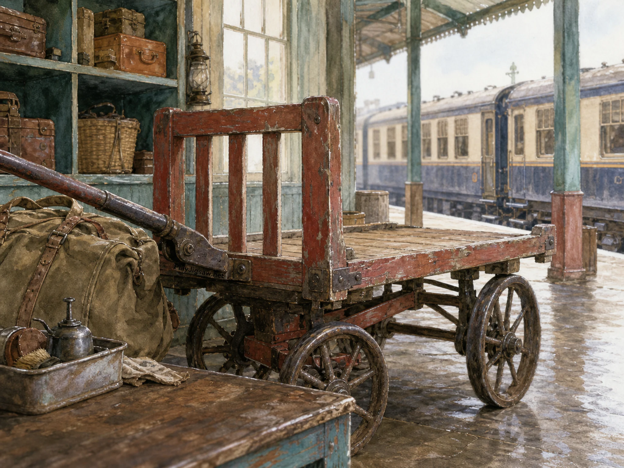 vintage baggage cart parked or serviced beside a canvas luggage bag in a familiar railway platform with a vintage baggage cart, with familiar objects and bright diffused window.