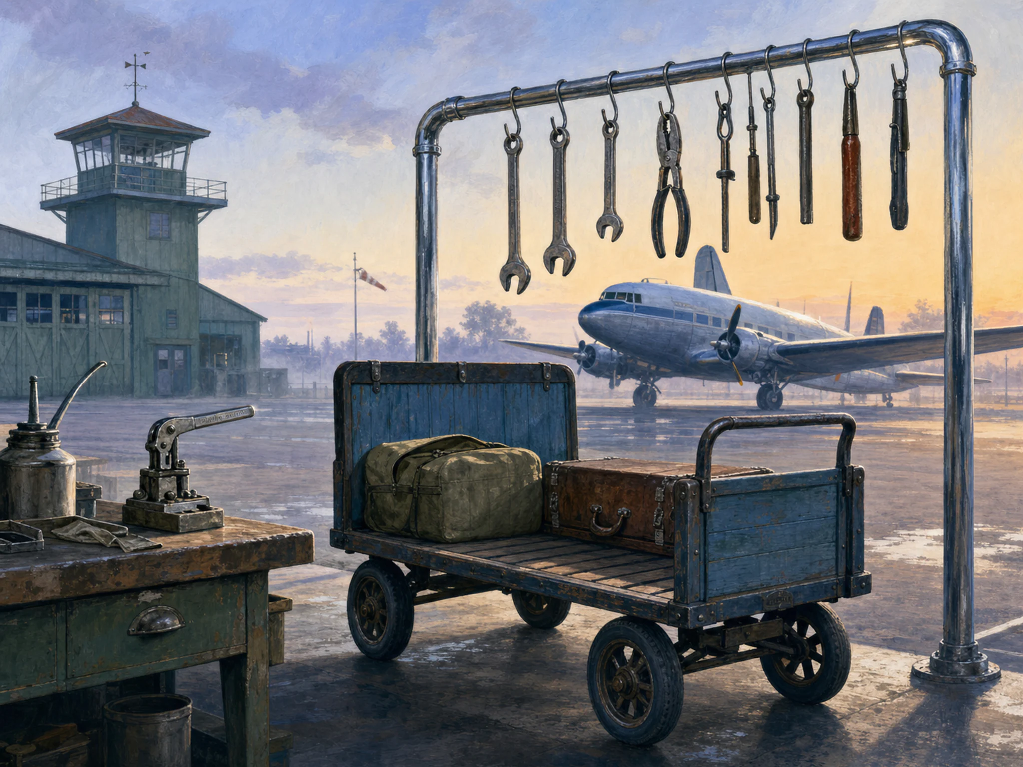 Vintage Baggage Cart waiting under chrome tool stand in a nostalgic vehicle workshop, with layered scenery and calm misty dawn.