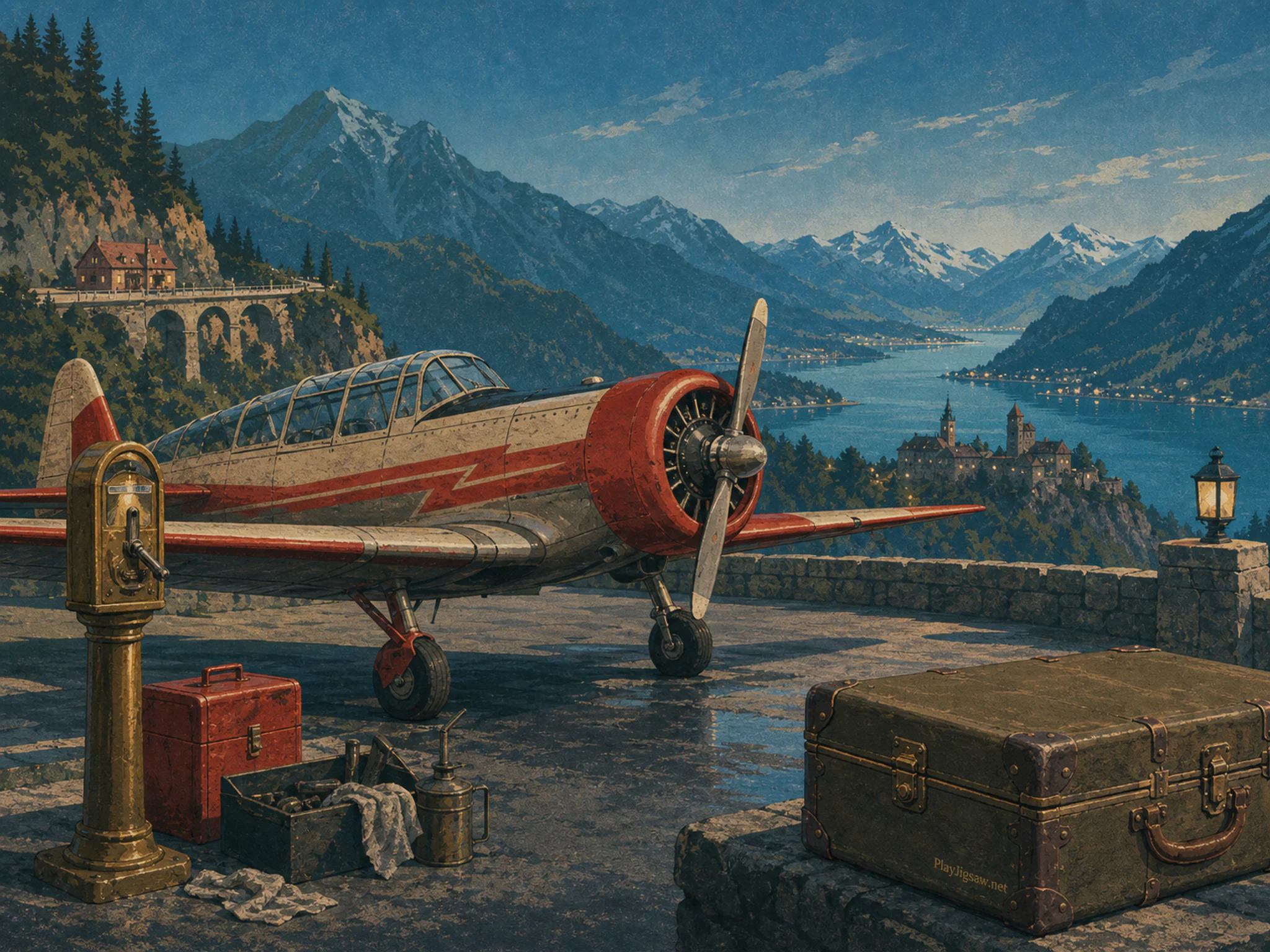 Weather Aircraft serviced beside brass ticket punch in an open road-trip overlook, with layered scenery and cool blue-hour light.