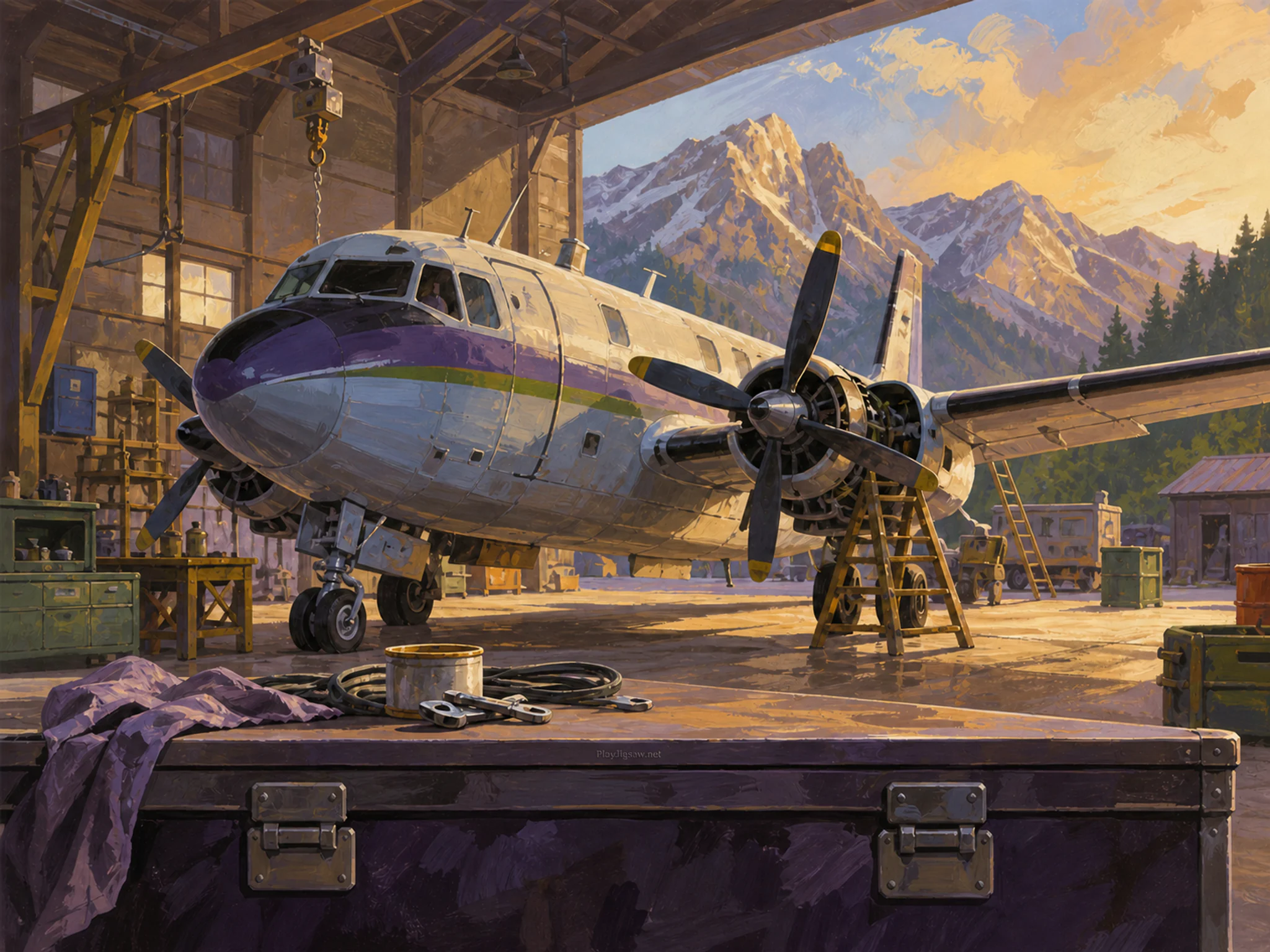 Weather Aircraft mounted near painted luggage trunk in a rugged service bay, with layered scenery and warm late-day sunlight.