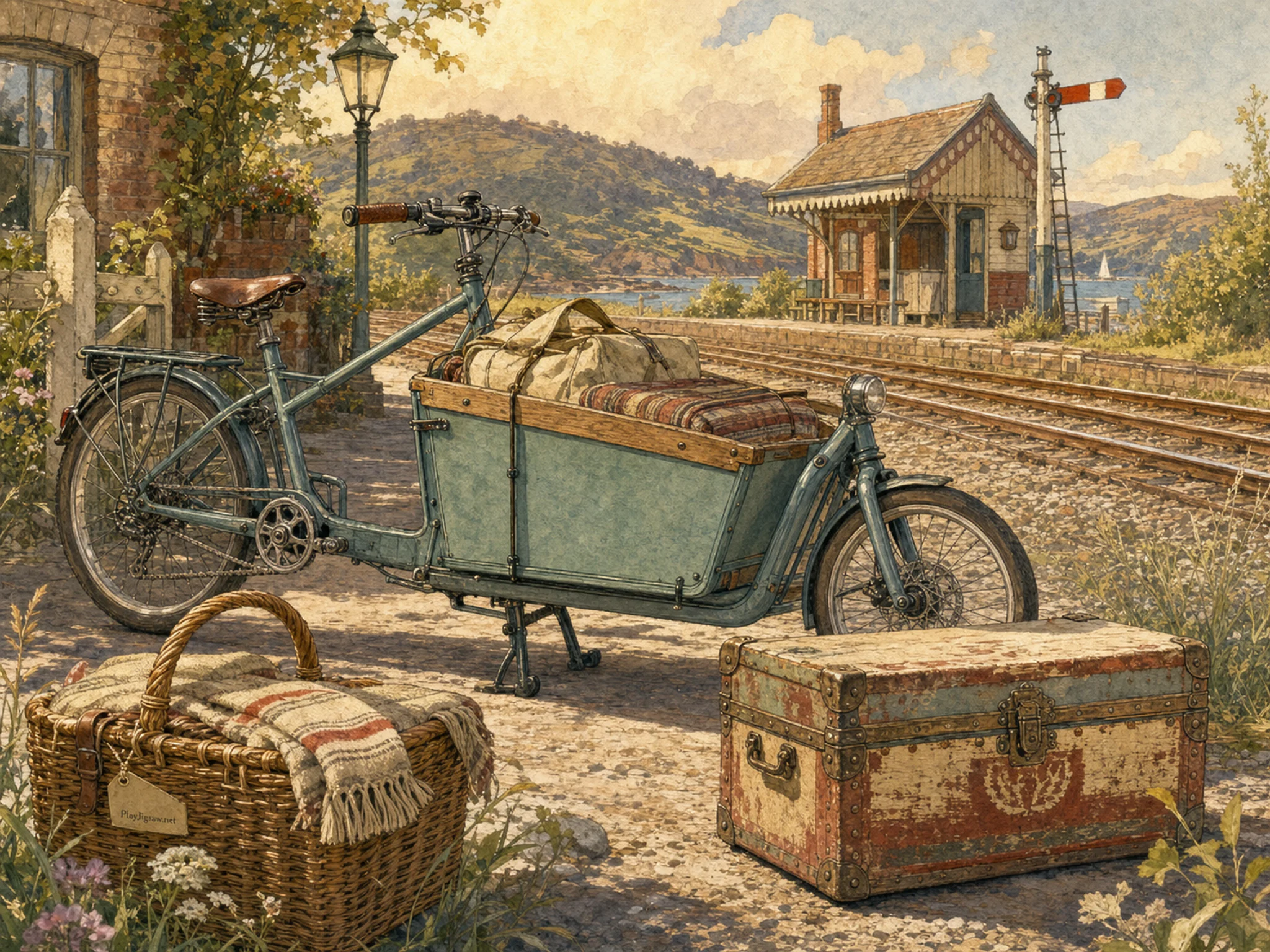 Cargo Bike prepared within painted luggage trunk in a scenic rail corridor, with layered scenery and warm late-day sunlight.