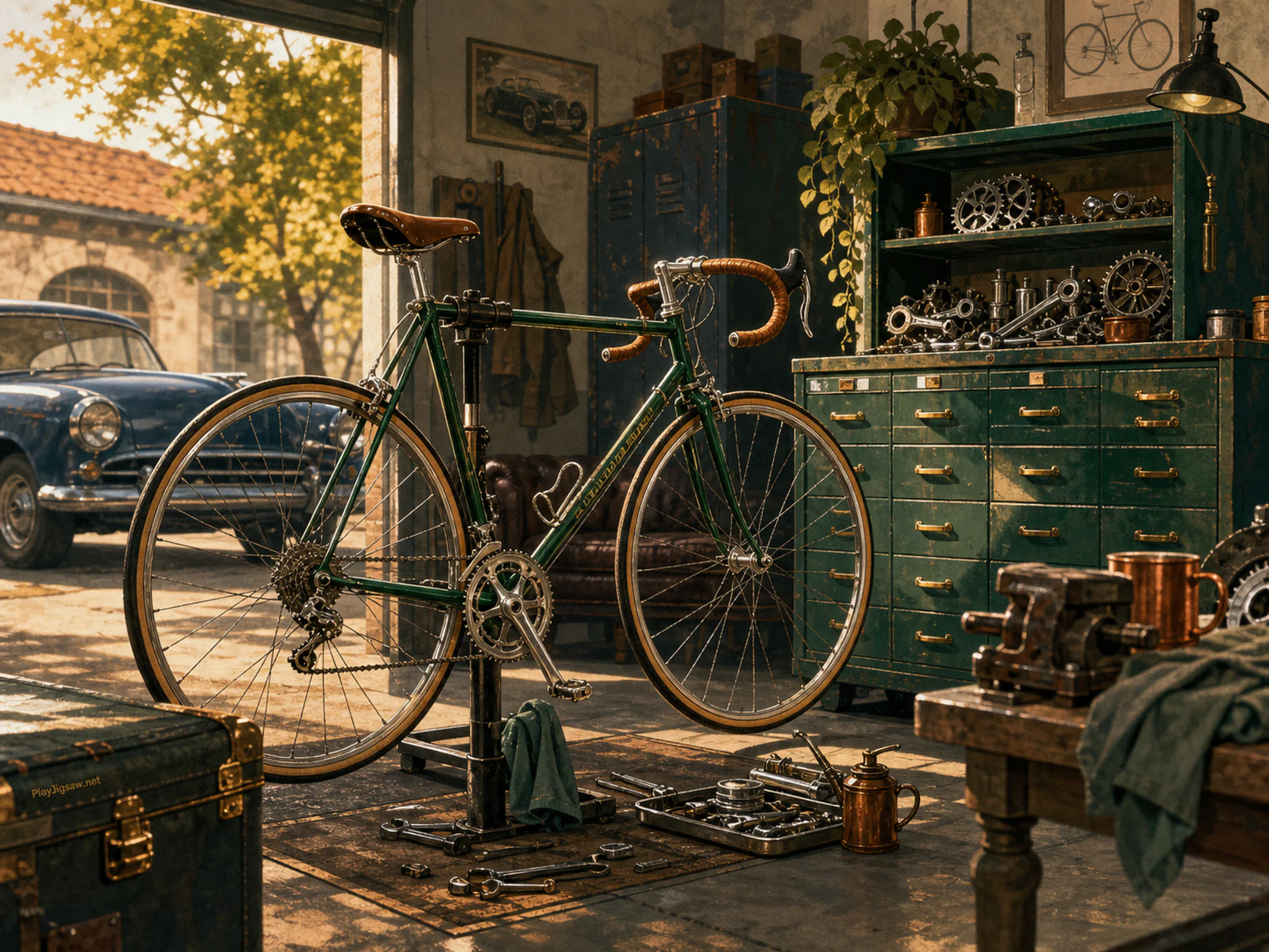 Flower Road Bicycle serviced beside enameled parts cabinet in a nostalgic vehicle workshop, with layered scenery and warm late-day sunlight.