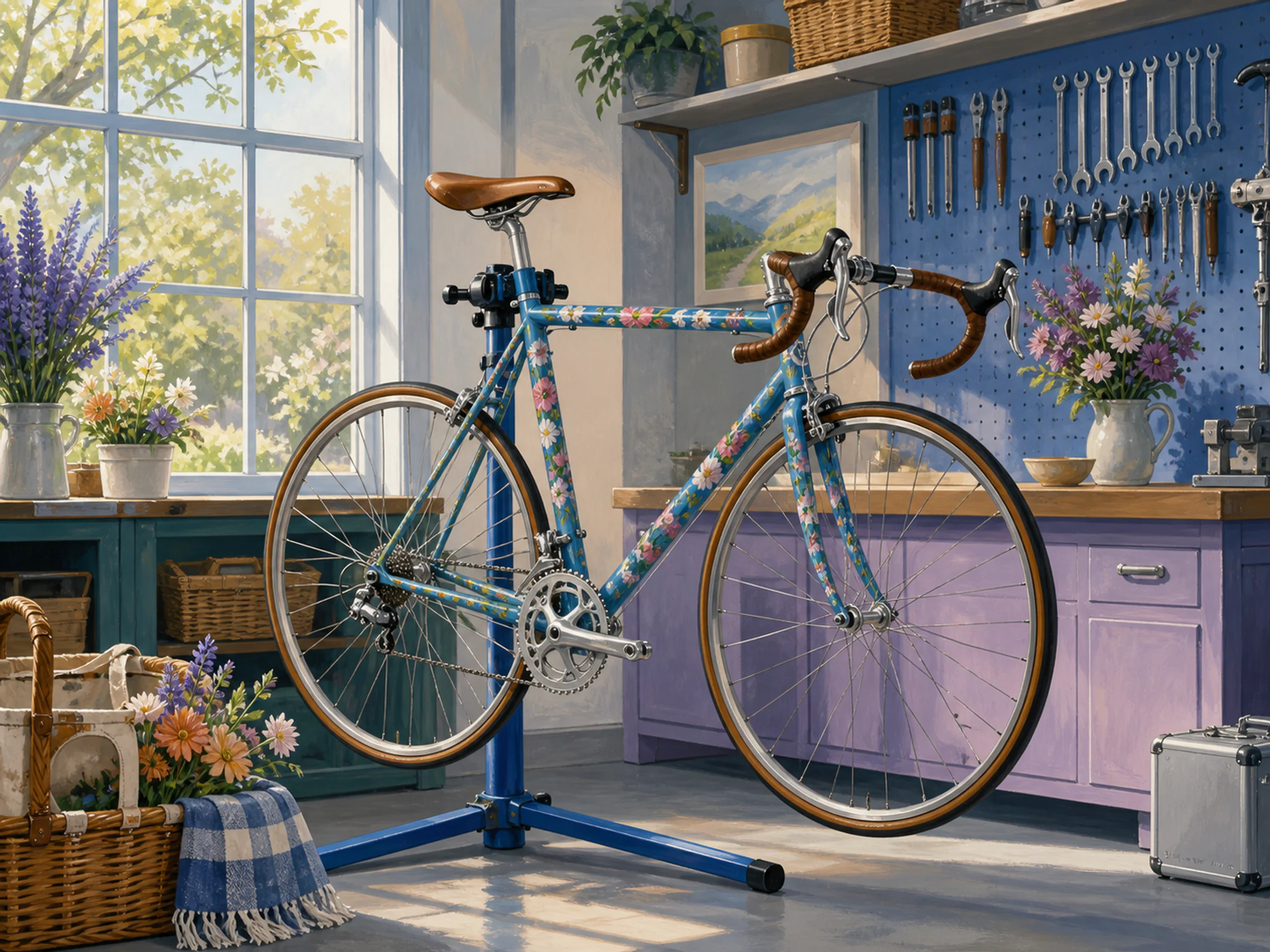 Flower Road Bicycle mounted near canvas picnic basket in a compact bicycle workshop, with layered scenery and clear early morning light.