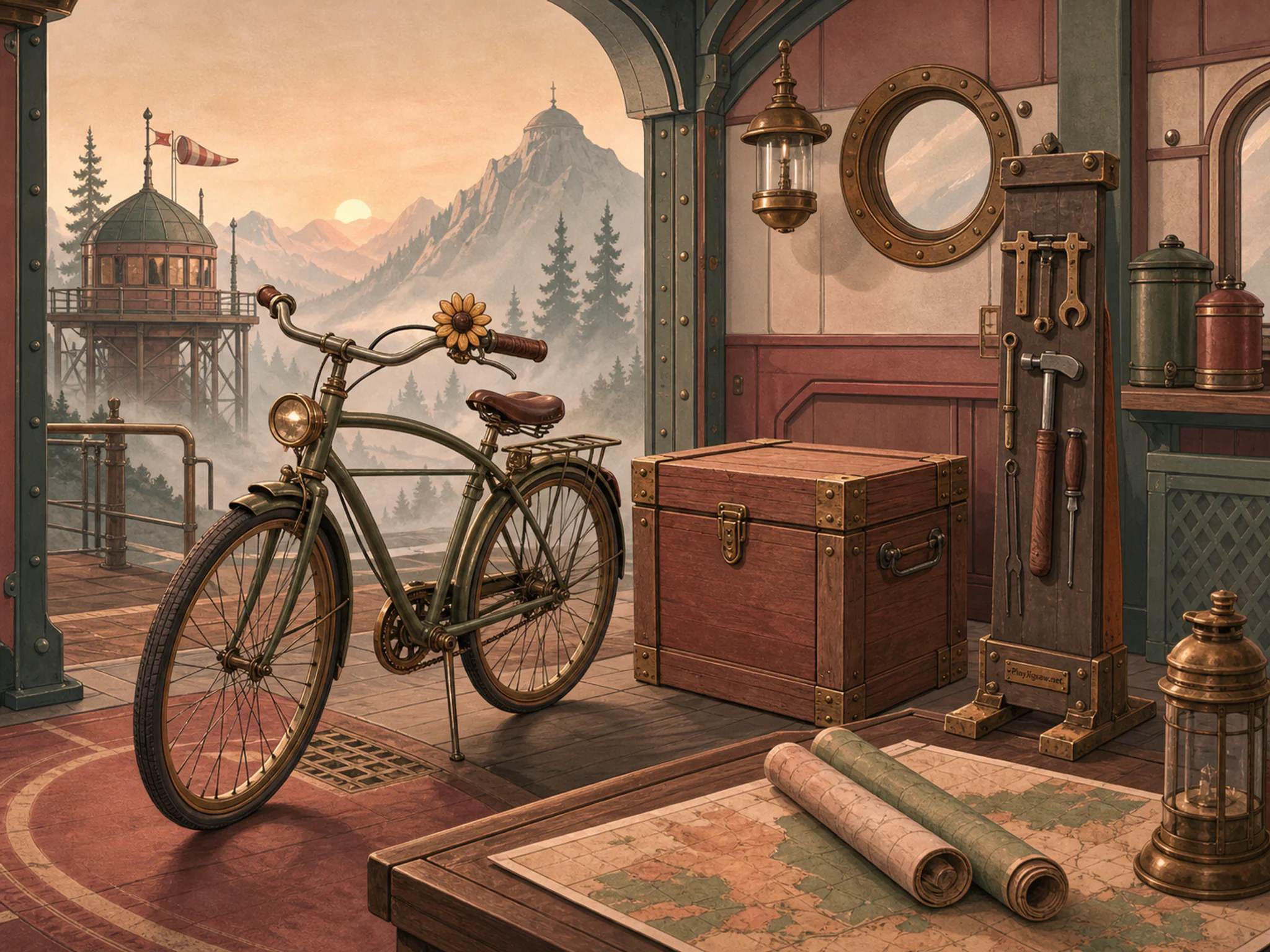 Sunflower Bell Bicycle arriving beside sealed expedition crate in a specialized exploration station, with layered scenery and calm misty dawn.