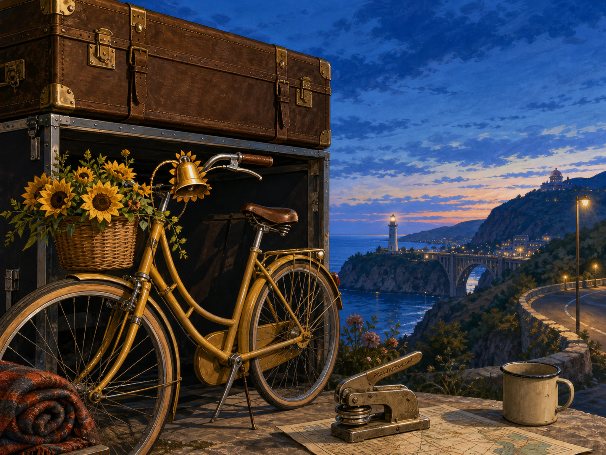 Sunflower Bell Bicycle waiting under leather flight case in an open road-trip overlook, with layered scenery and cool blue-hour light.