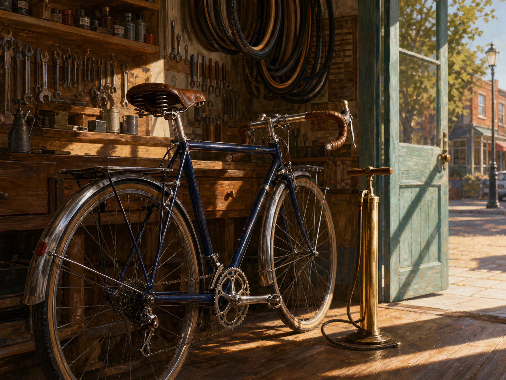 vintage touring cycle parked or serviced beside a floor pump in a corner bicycle shop with a vintage touring cycle, with familiar objects and warm late-day sunlight.