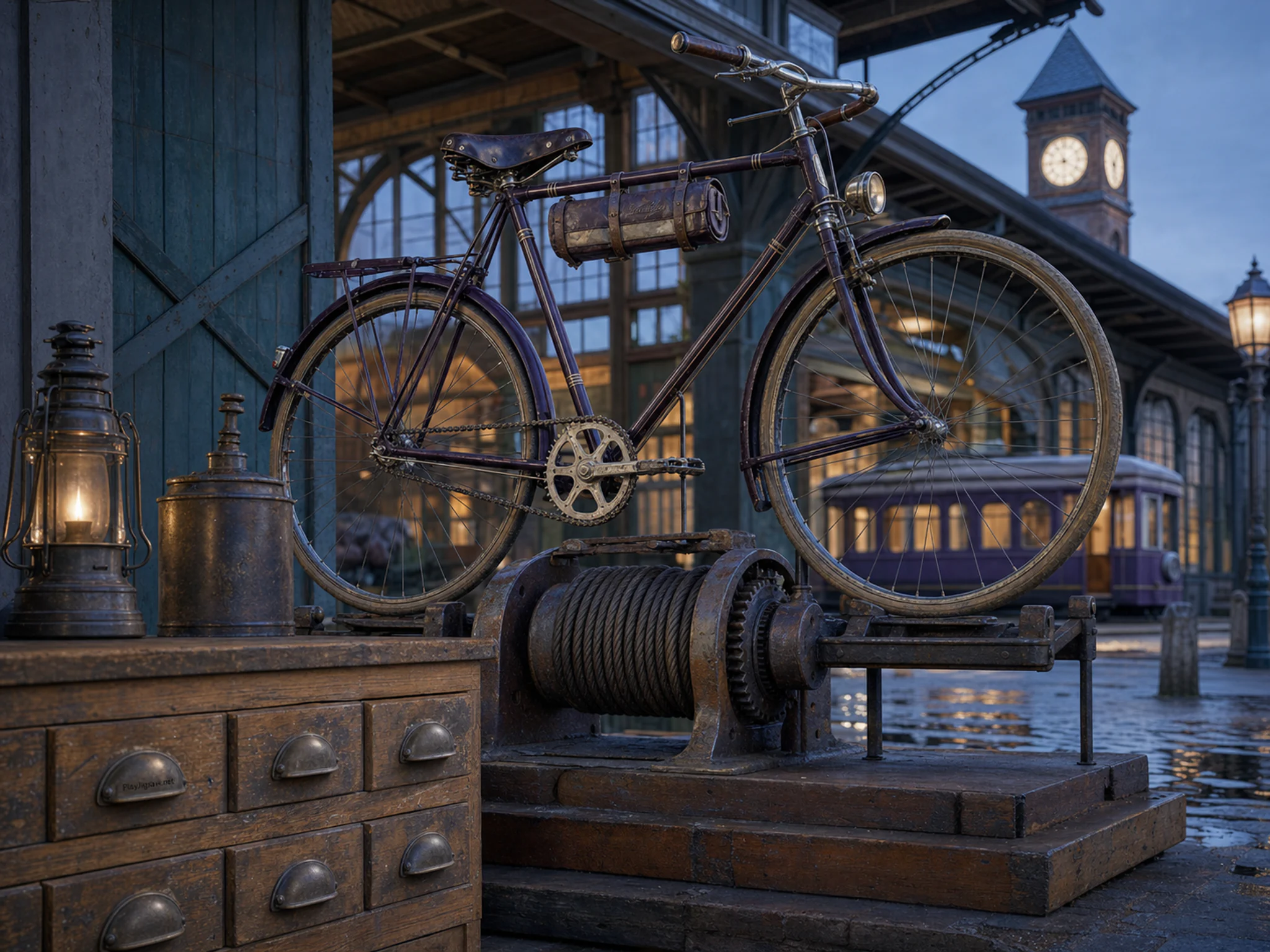 Vintage Touring Cycle parked above heavy recovery winch in a historic transit depot, with layered scenery and cool blue-hour light.