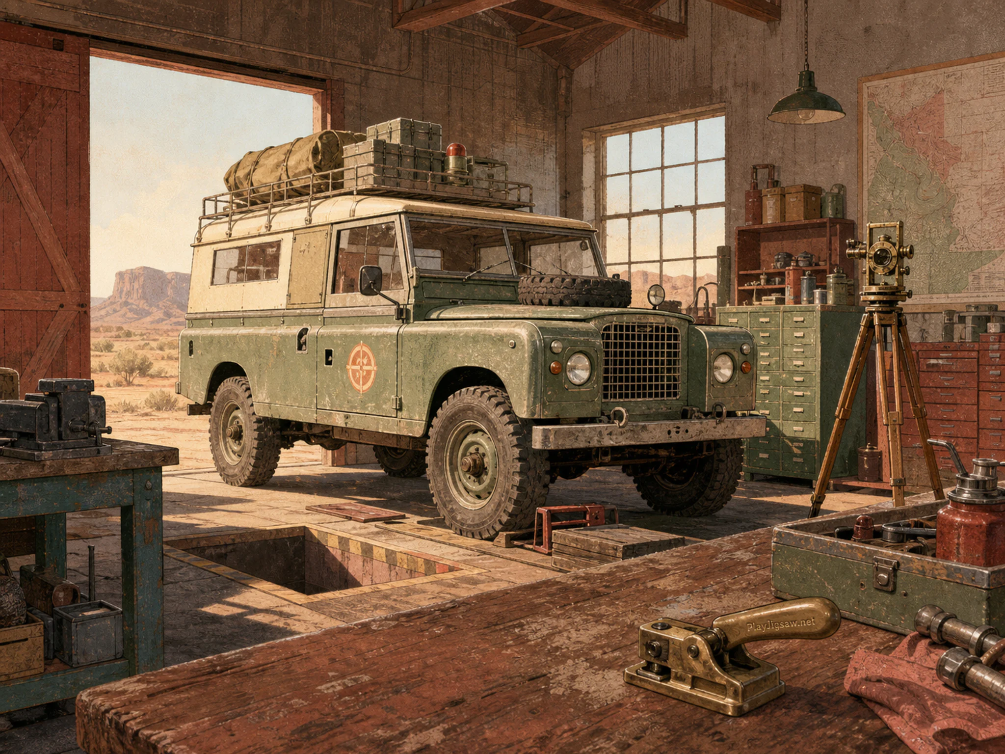 Desert Survey Truck mounted near brass ticket punch in a nostalgic vehicle workshop, with layered scenery and clear early morning light.