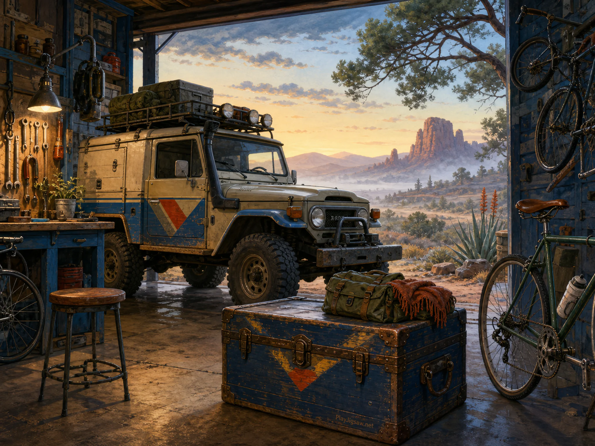 Desert Survey Truck serviced beside painted luggage trunk in a compact bicycle workshop, with layered scenery and calm misty dawn.