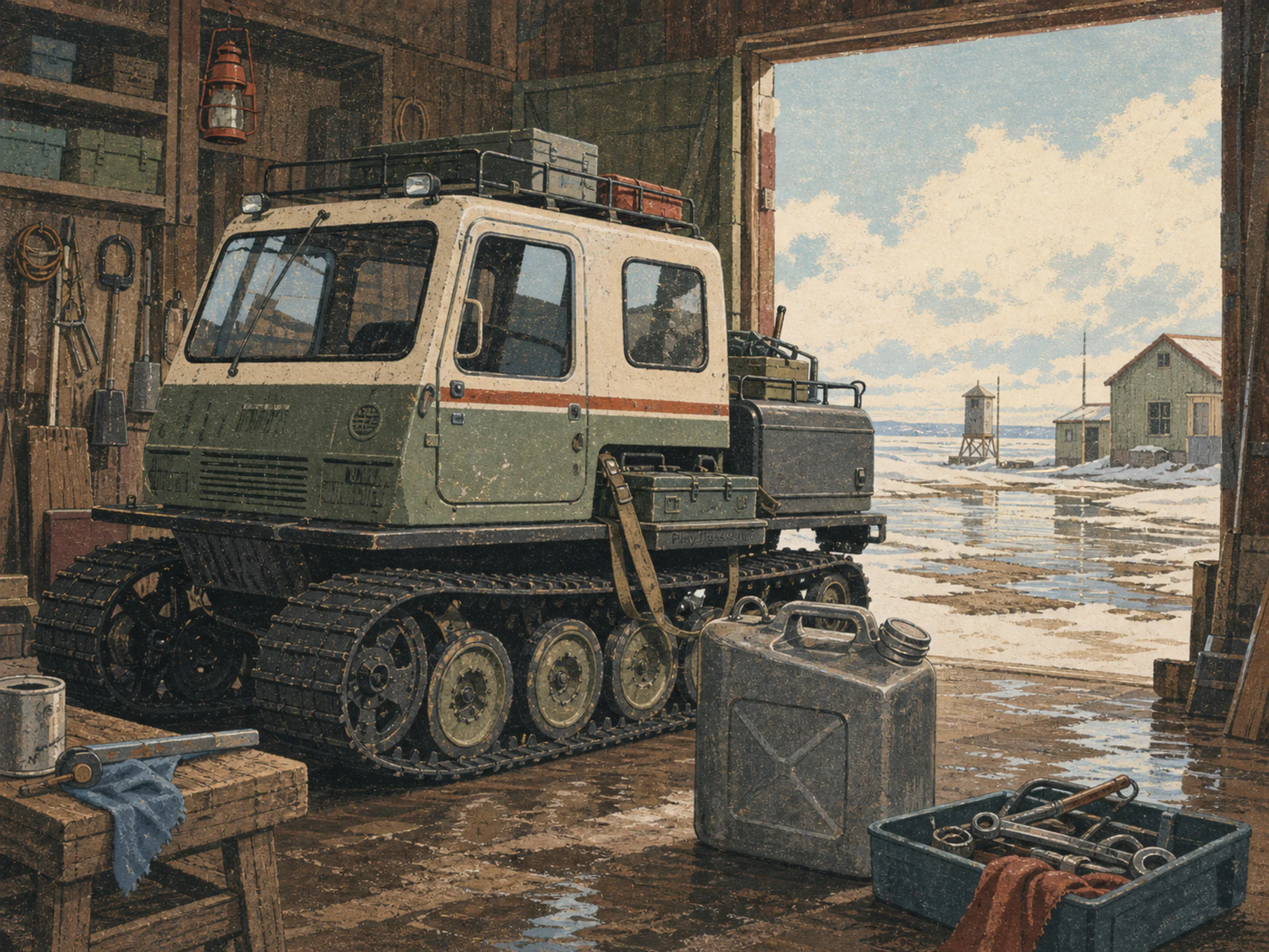 ice research crawler parked or serviced beside a galvanized fuel can without labels in a winter-research garage with an ice crawler and common tools, with familiar objects and.