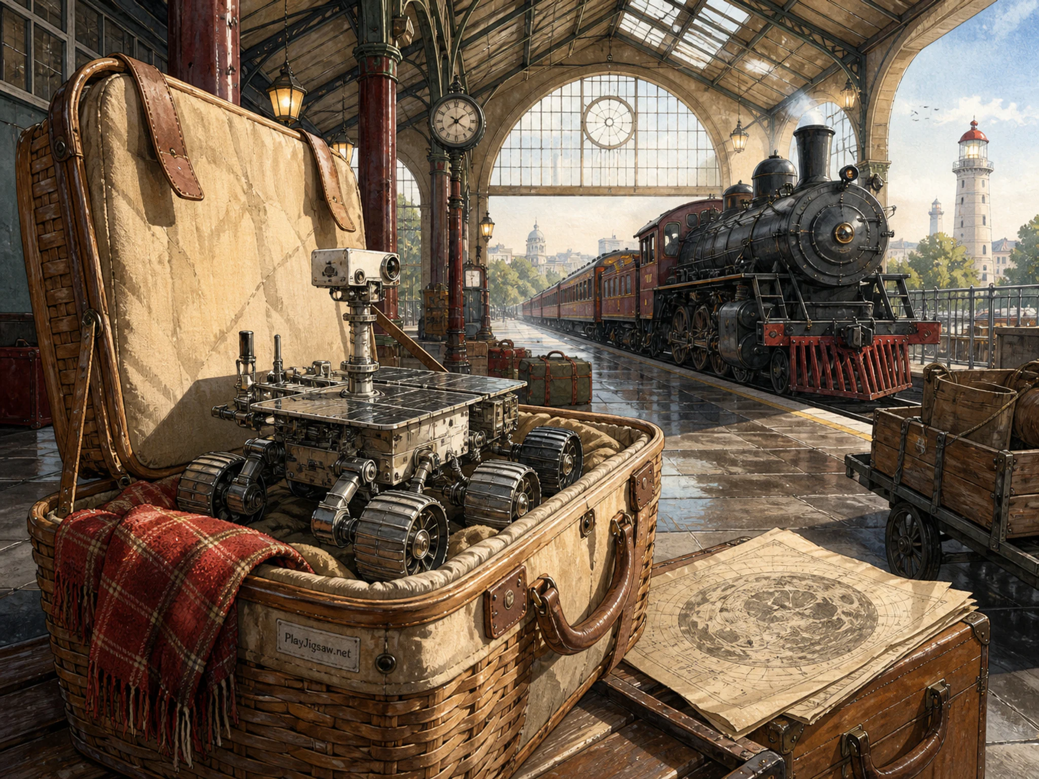 Moon Rover prepared within canvas picnic basket in a historic transit depot, with layered scenery and clear early morning light.