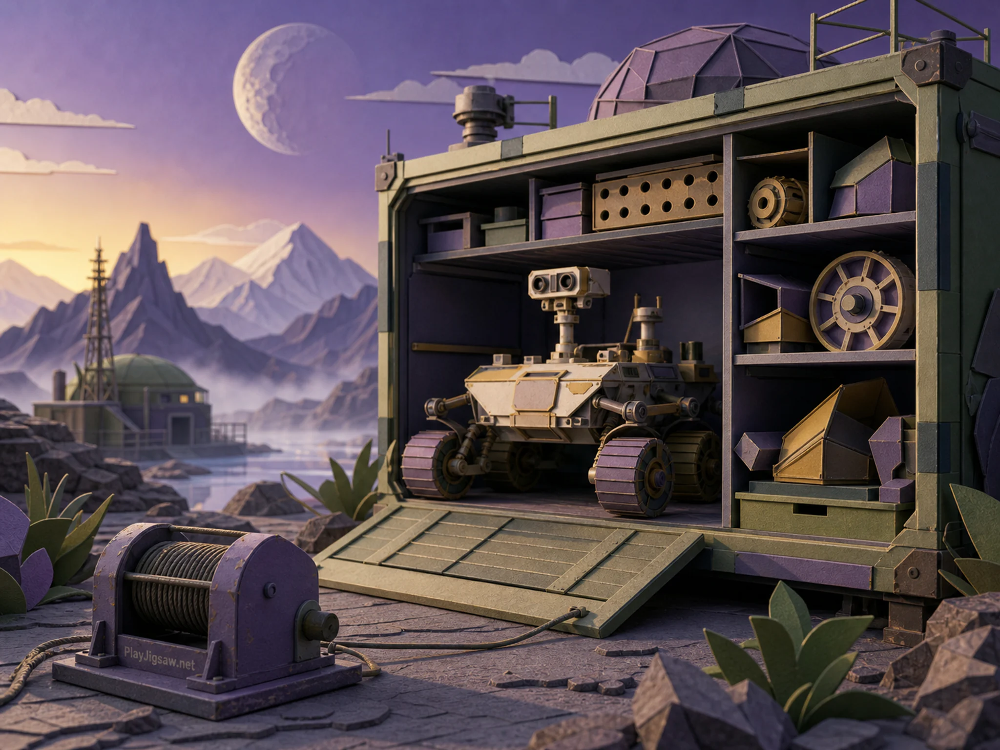 Moon Rover staged inside enameled parts cabinet in a specialized exploration station, with layered scenery and calm misty dawn.