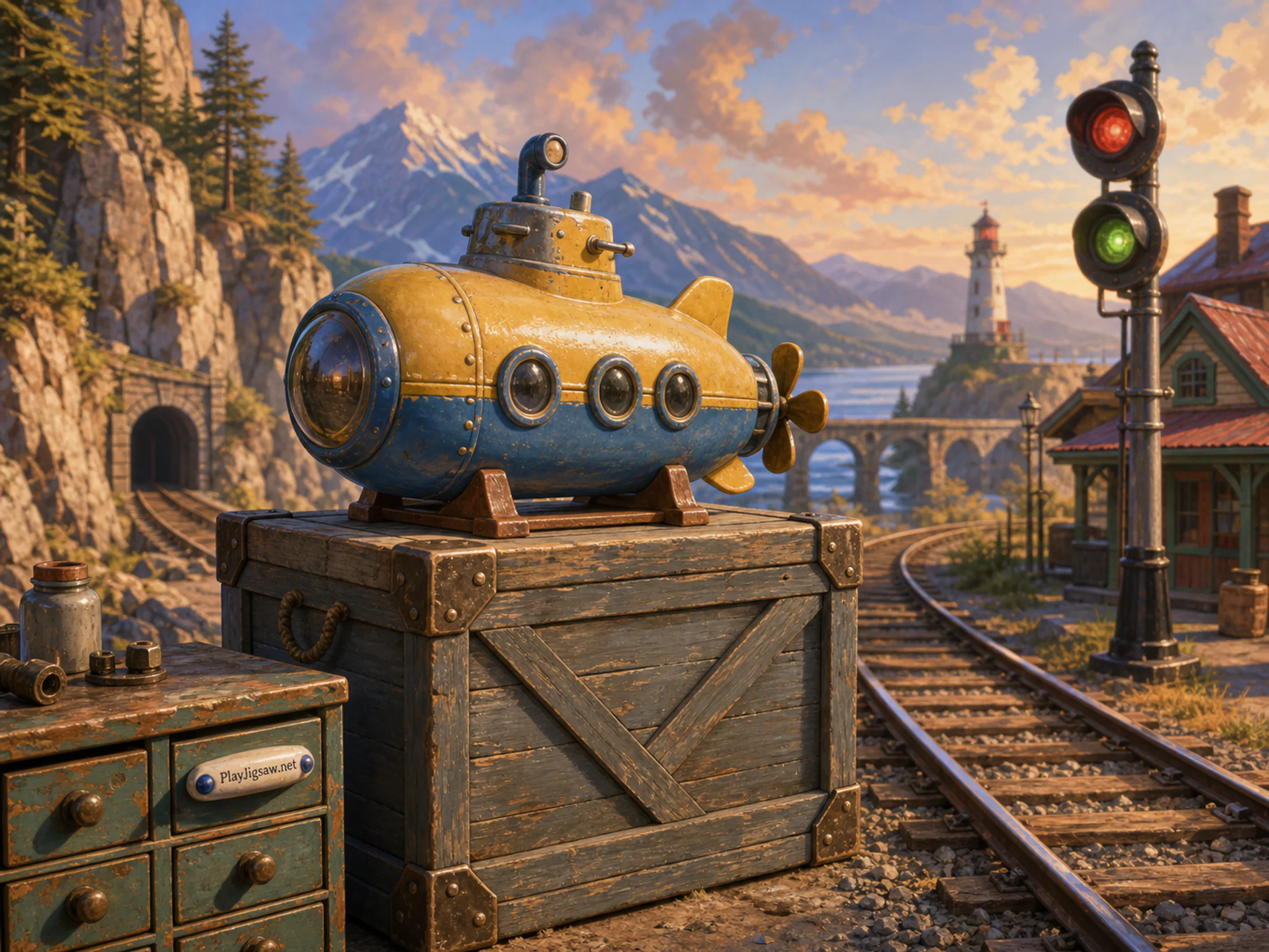Toy Submarine parked above sealed expedition crate in a scenic rail corridor, with layered scenery and warm late-day sunlight.