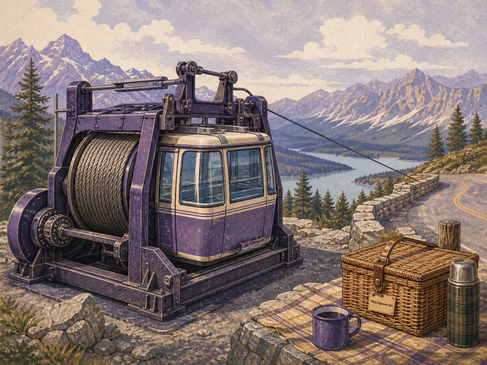 Cable Car prepared within heavy recovery winch in an open road-trip overlook, with layered scenery and soft overcast afternoon.