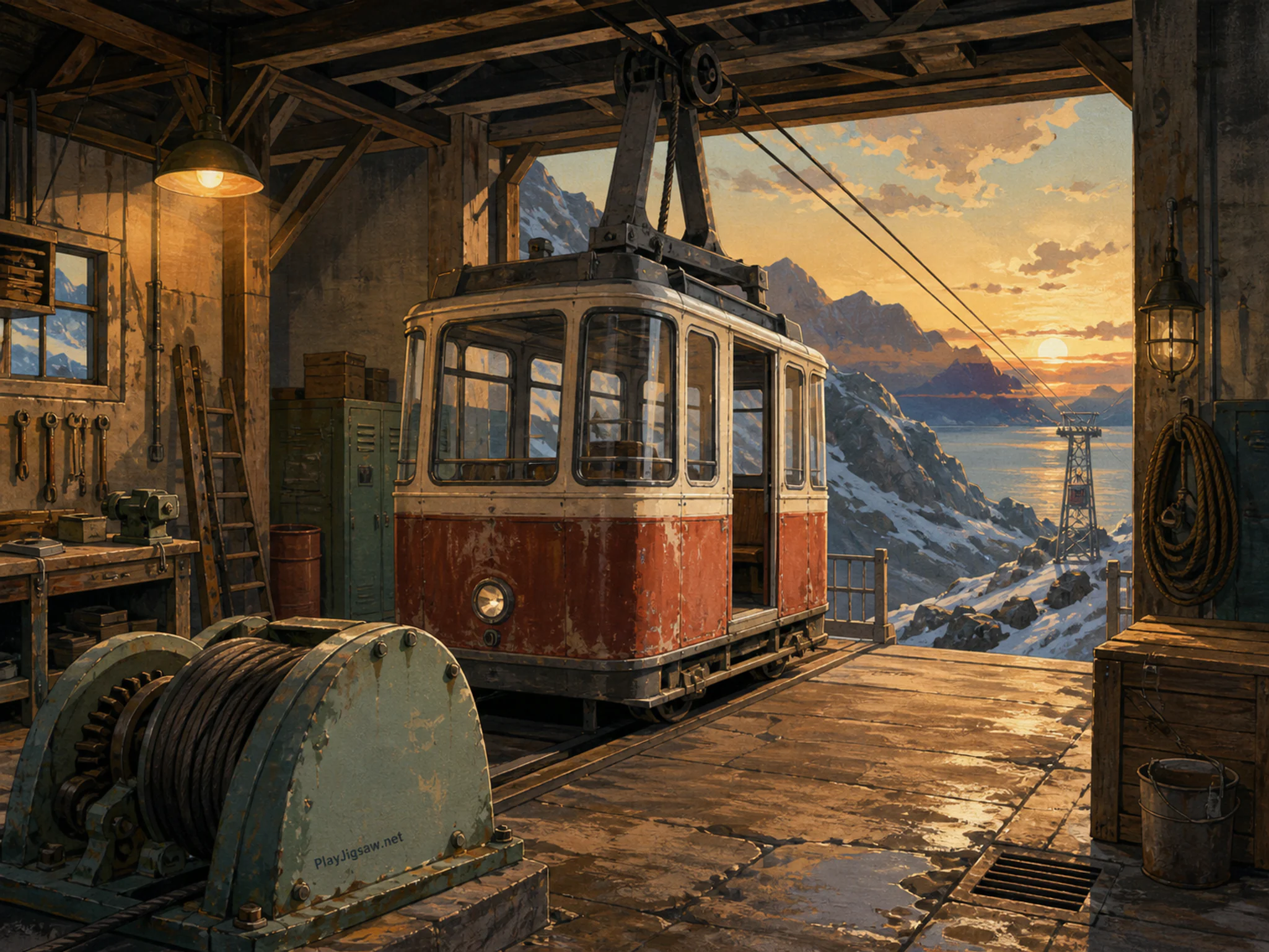 Cable Car staged inside chrome tool stand in a rugged service bay, with layered scenery and golden lamplight at dusk.