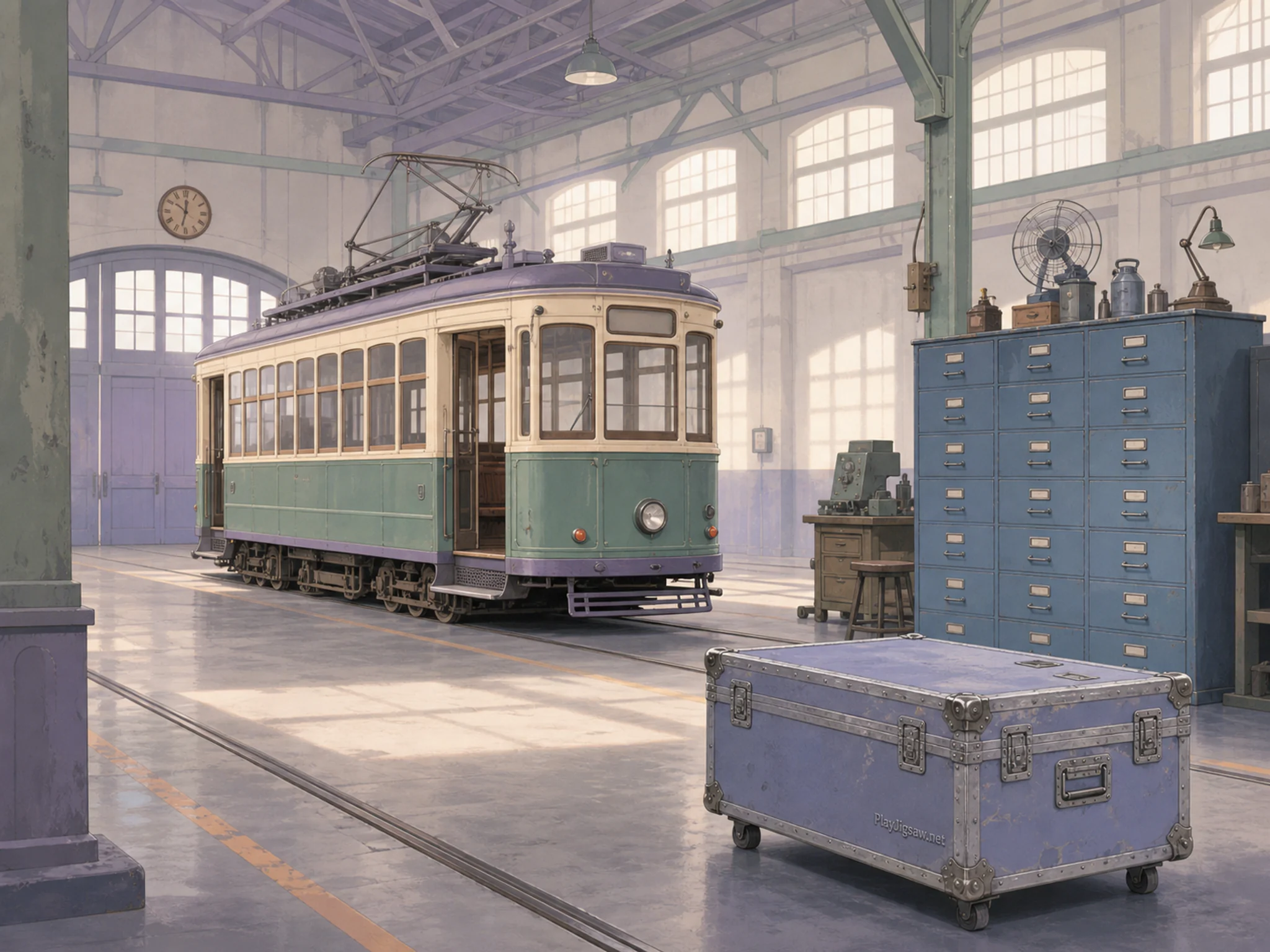 City Tram Depot restored near enameled parts cabinet in a bright aviation hangar, with layered scenery and bright diffused window light.