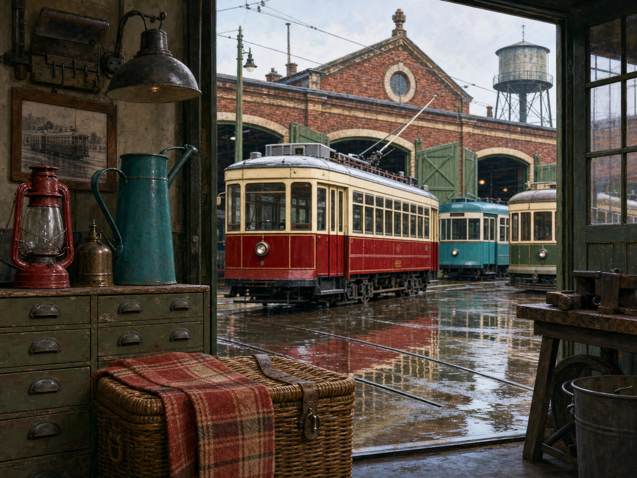 City Tram Depot parked above canvas picnic basket in a nostalgic vehicle workshop, with layered scenery and gentle rain with crisp reflections.
