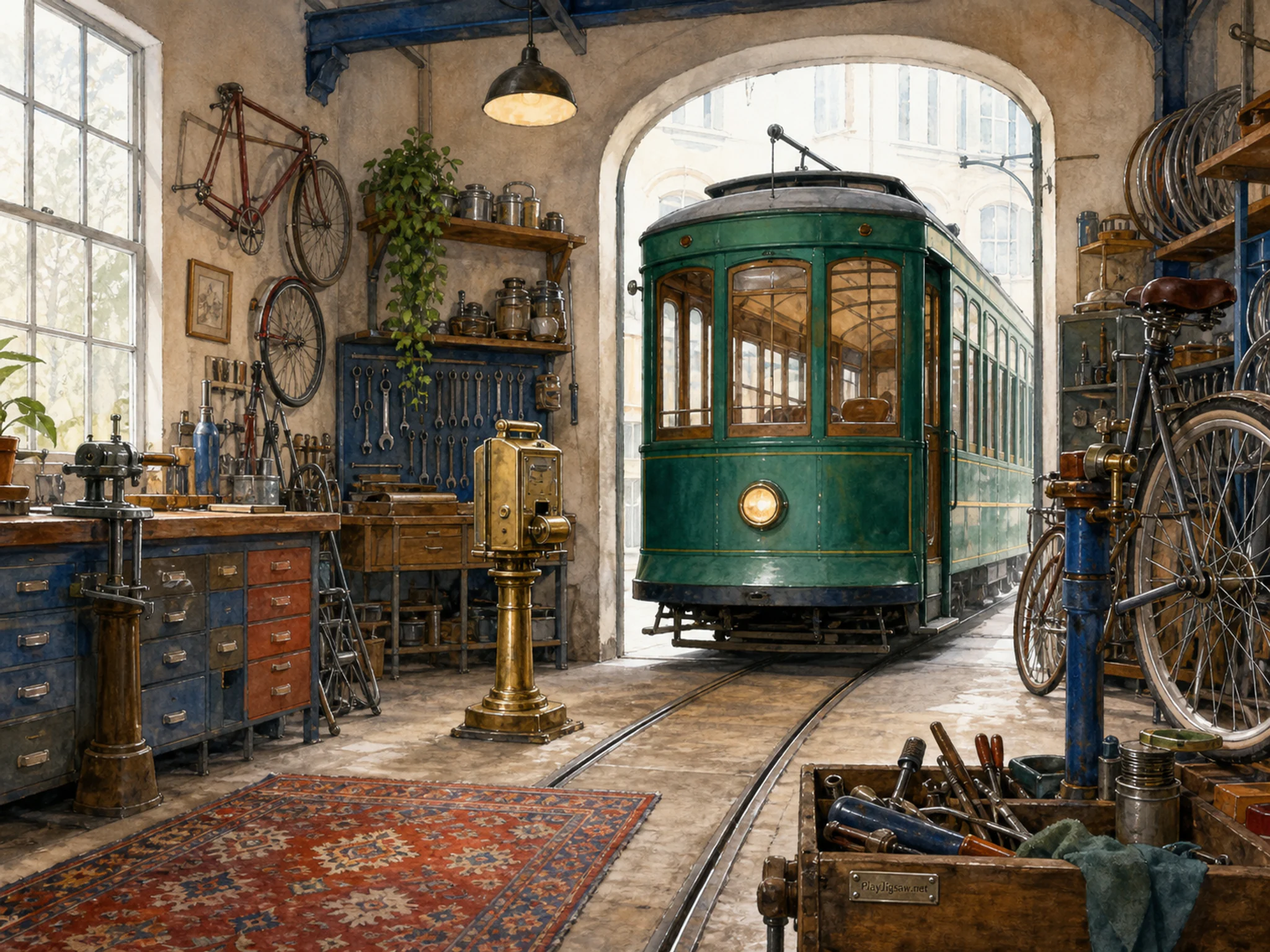 Emerald Streetcar arriving beside brass ticket punch in a compact bicycle workshop, with layered scenery and bright diffused window light.