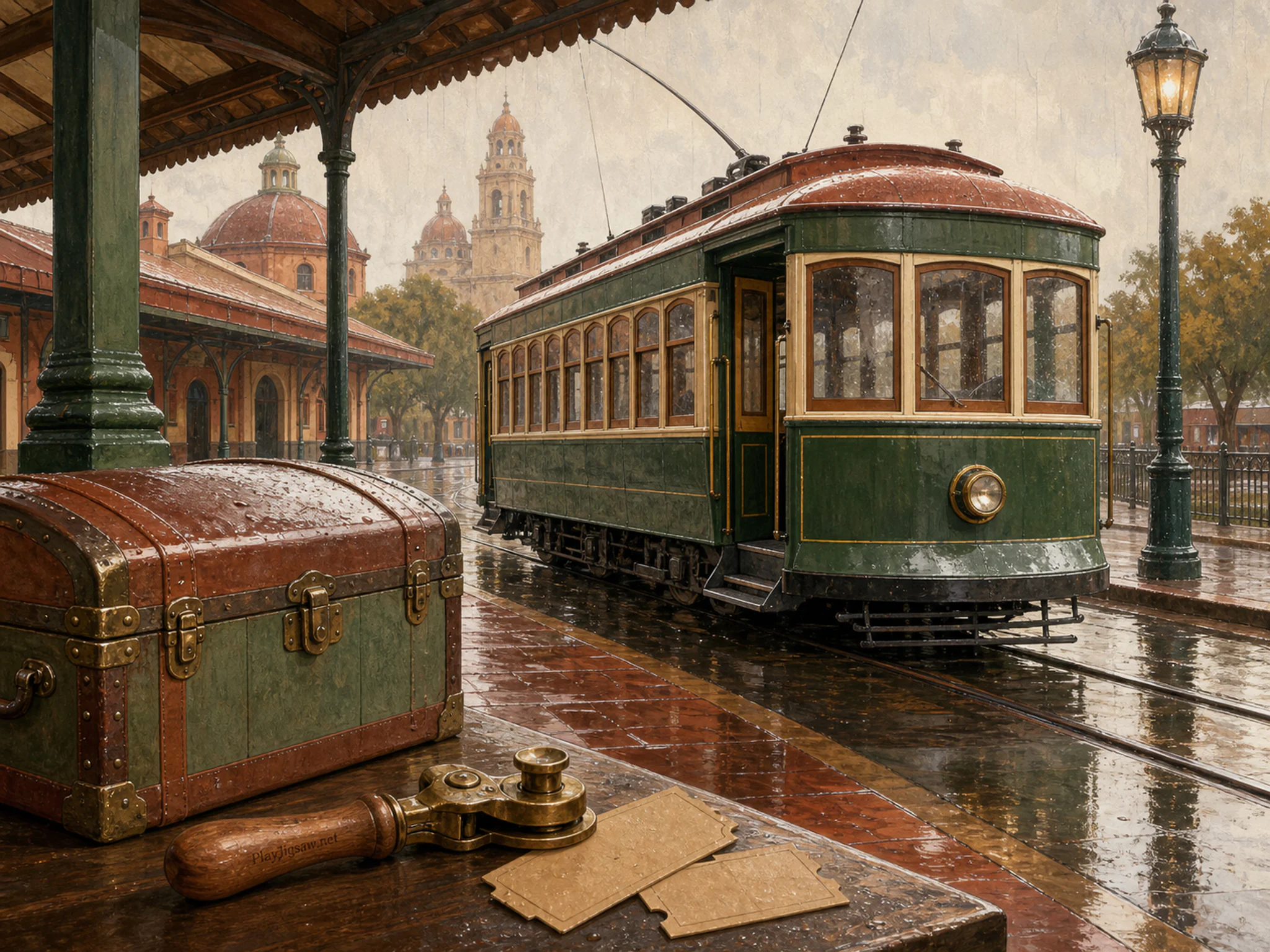 Emerald Streetcar waiting under painted luggage trunk in a historic transit depot, with layered scenery and gentle rain with crisp reflections.