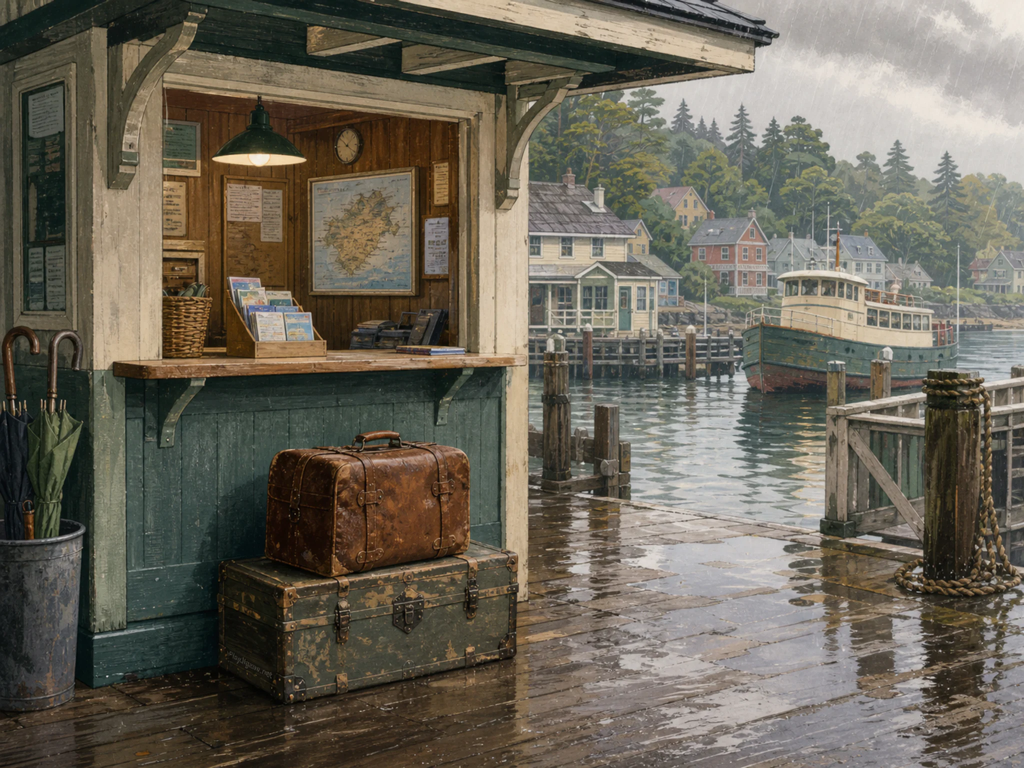 island ferry desk parked or serviced beside a worn leather travel case in a small island-ferry ticket desk on a working dock, with familiar objects and gentle rain with crisp.