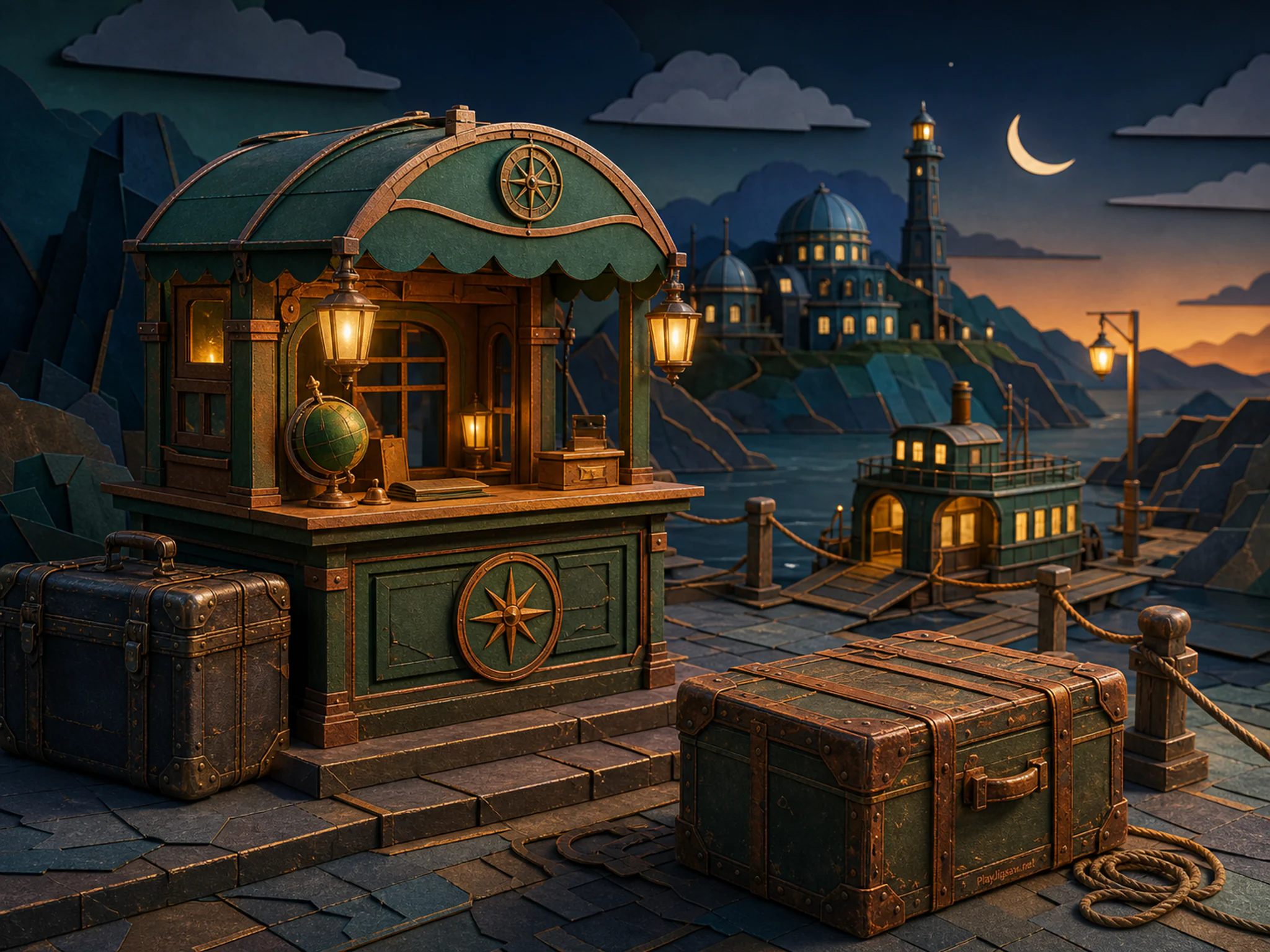 Island Ferry Desk serviced beside leather flight case in a specialized exploration station, with layered scenery and golden lamplight at dusk.
