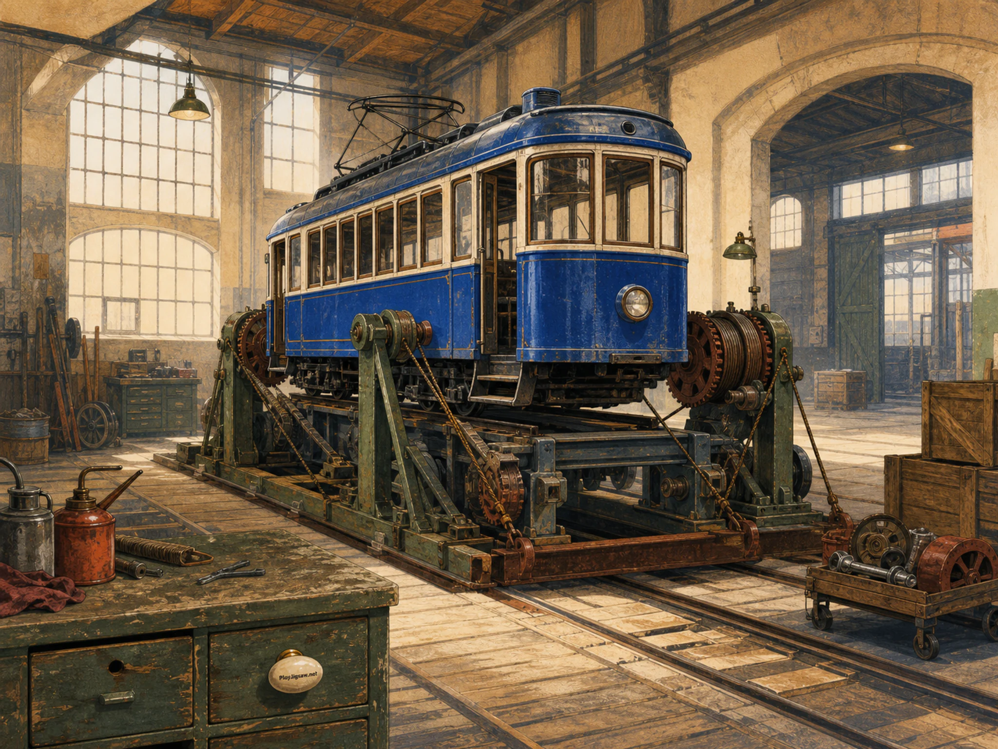Blue Tram staged inside heavy recovery winch in a nostalgic vehicle workshop, with layered scenery and bright diffused window light.