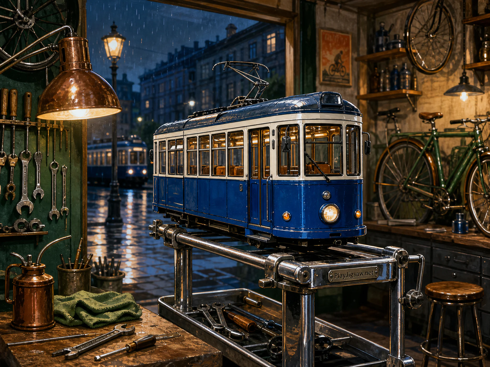 Blue Tram prepared within chrome tool stand in a compact bicycle workshop, with layered scenery and gentle rain with crisp reflections.