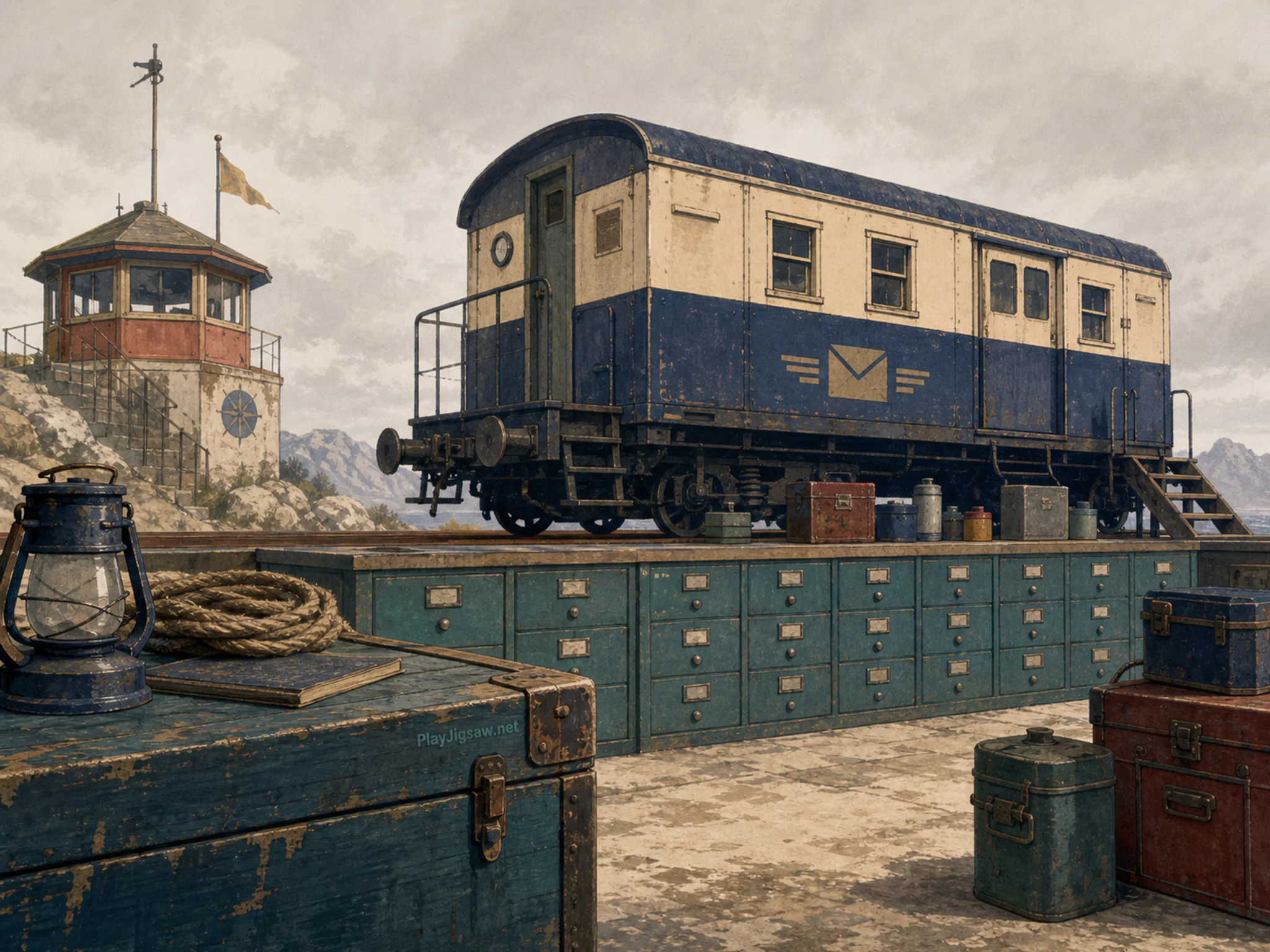 Mail Railcar parked above enameled parts cabinet in a specialized exploration station, with layered scenery and soft overcast afternoon.