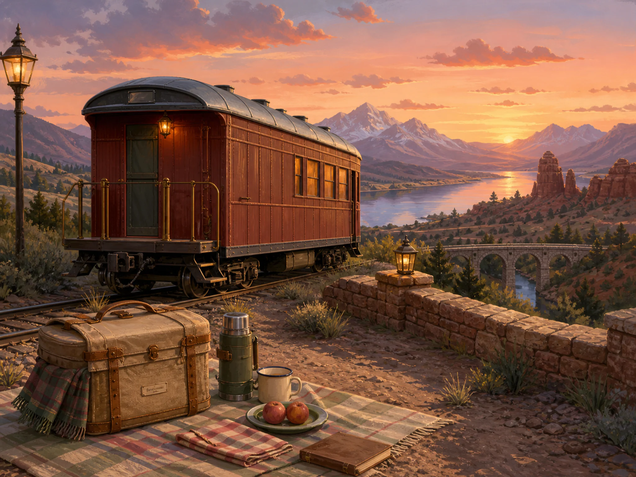Mail Railcar restored near canvas picnic basket in an open road-trip overlook, with layered scenery and golden lamplight at dusk.