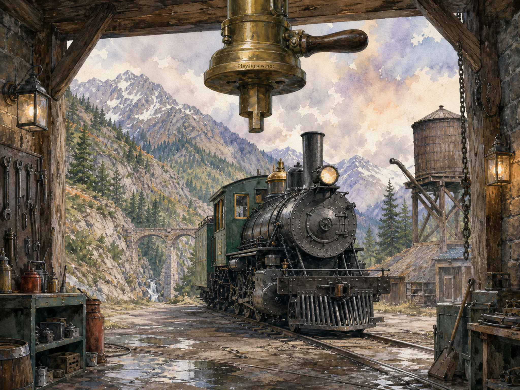 Mountain Steam Train waiting under brass ticket punch in a rugged service bay, with layered scenery and soft overcast afternoon.
