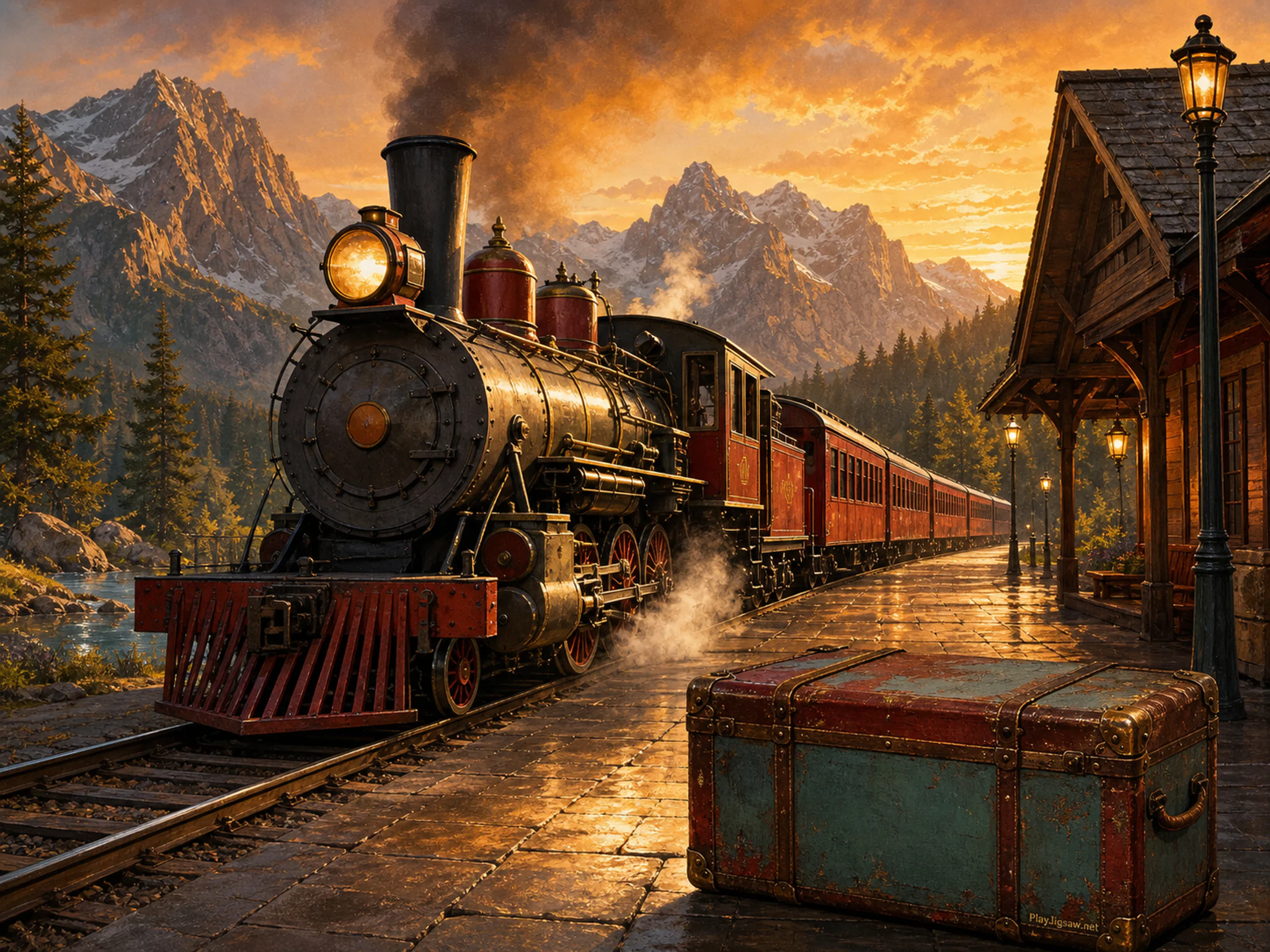 Mountain Steam Train arriving beside painted luggage trunk in a scenic rail corridor, with layered scenery and golden lamplight at dusk.
