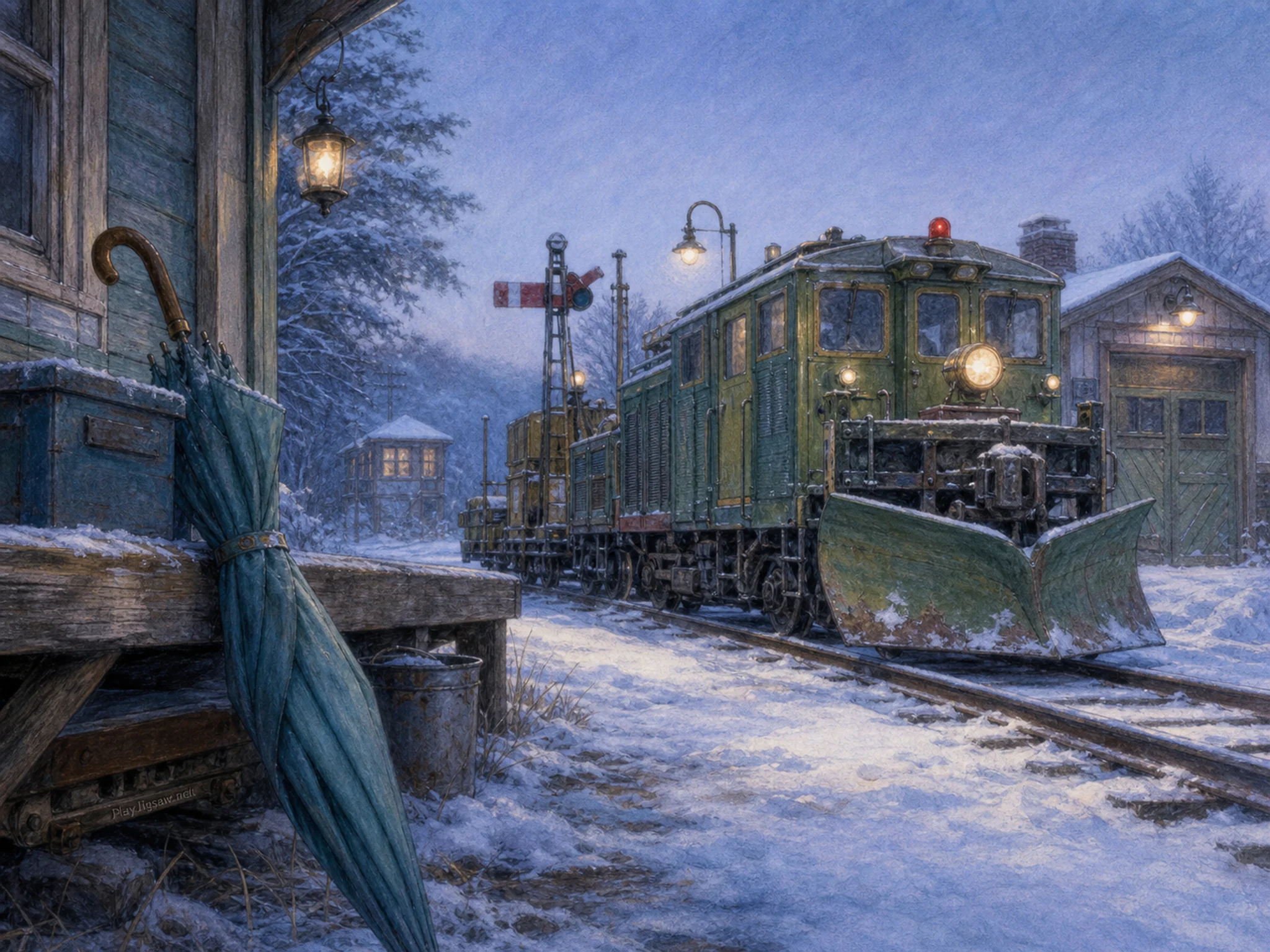 snow signal train parked or serviced beside a folded umbrella in a snowy rural railway depot with a signal train, with familiar objects and cool blue-hour light.