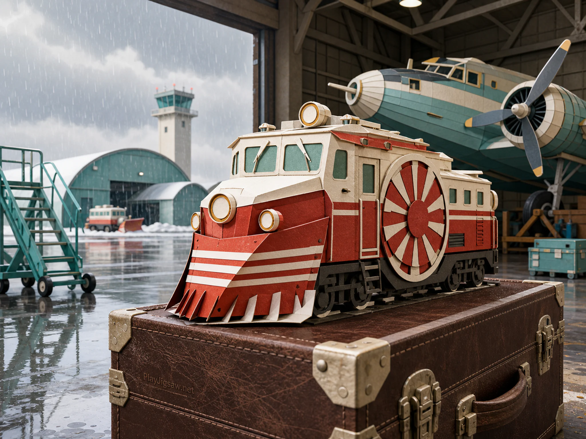 Snow Signal Train mounted near leather flight case in a bright aviation hangar, with layered scenery and gentle rain with crisp reflections.