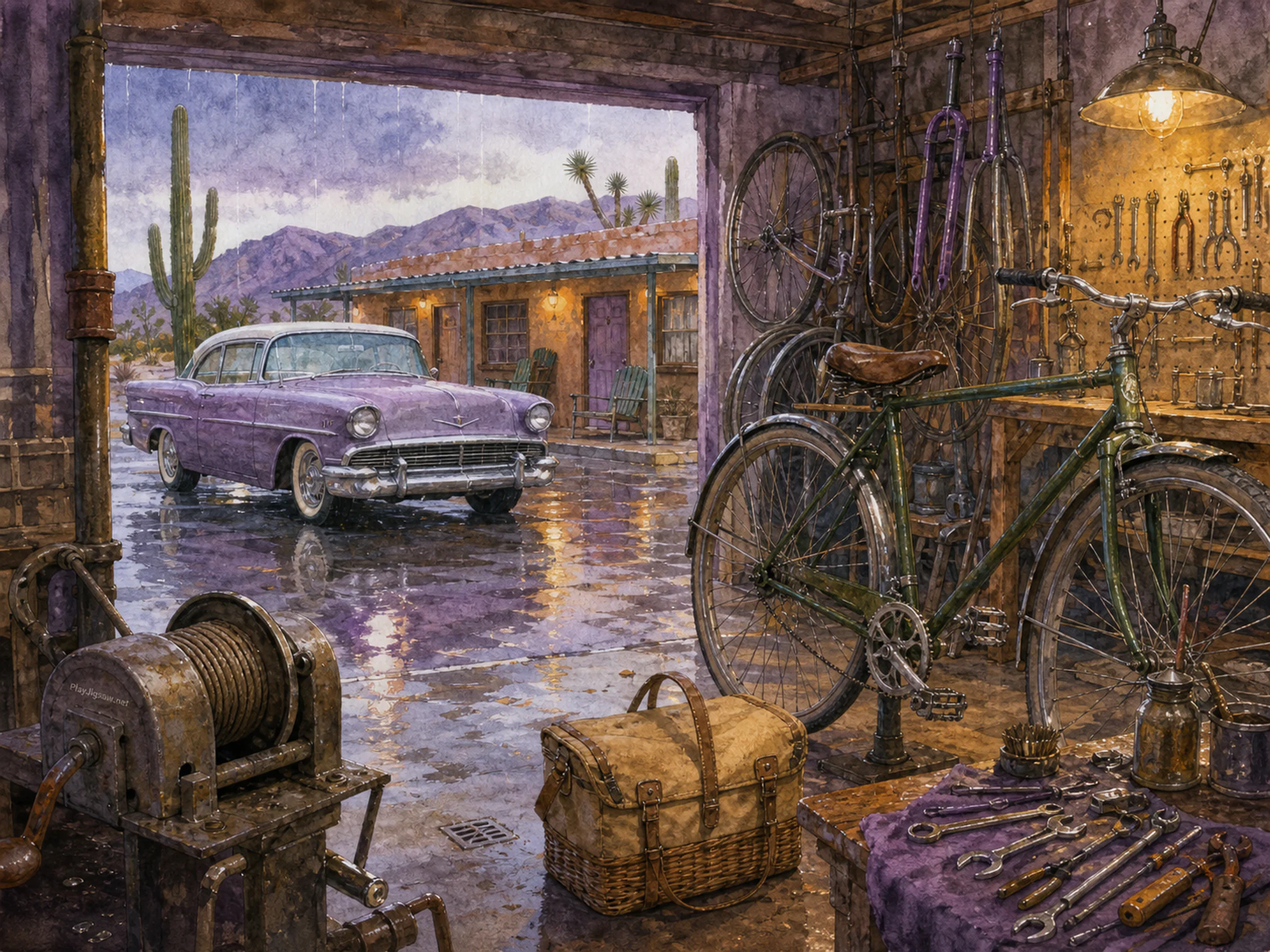 Desert Motel Car waiting under canvas picnic basket in a compact bicycle workshop, with layered scenery and gentle rain with crisp reflections.