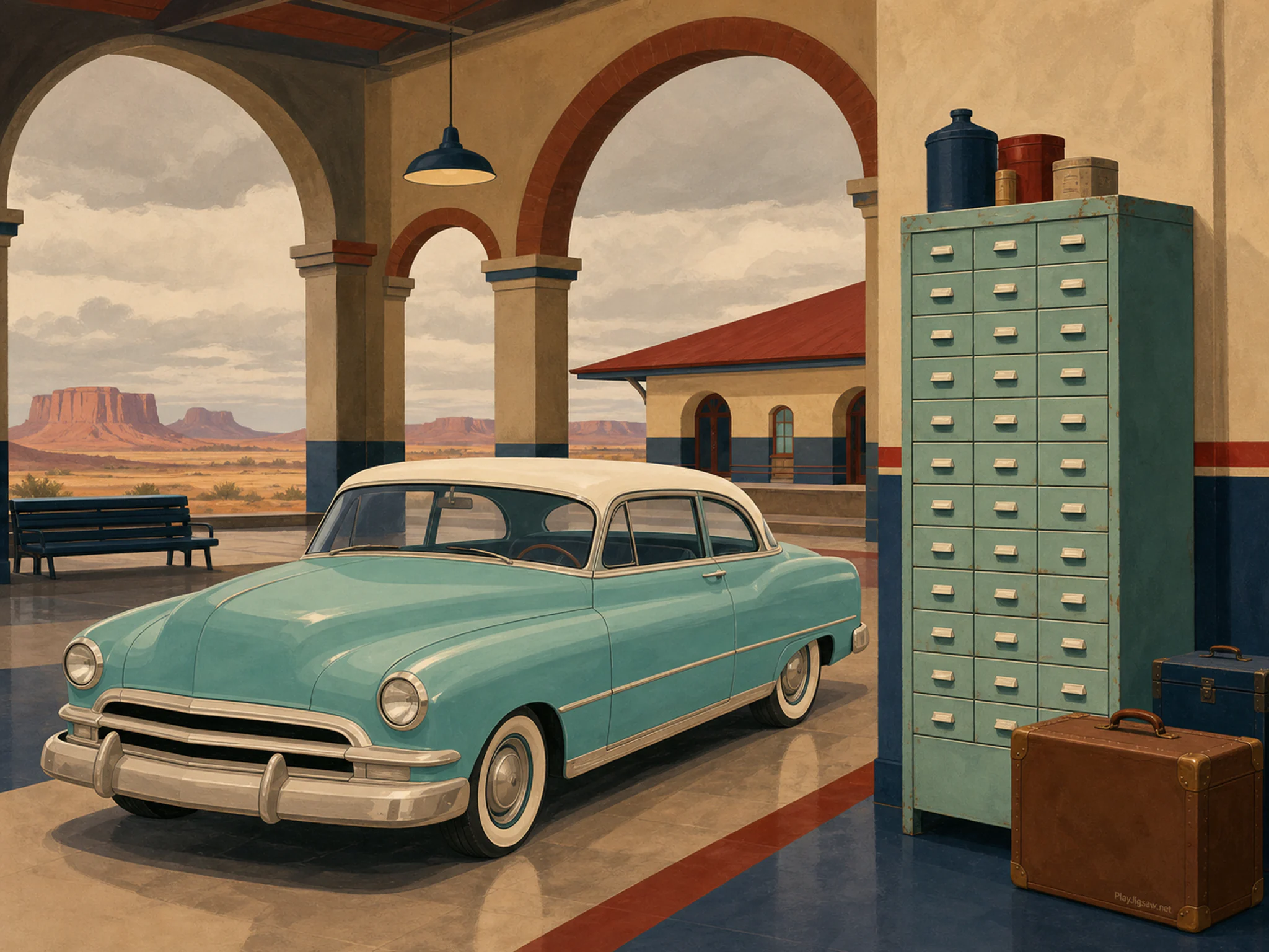 Desert Motel Car arriving beside enameled parts cabinet in a historic transit depot, with layered scenery and soft overcast afternoon.
