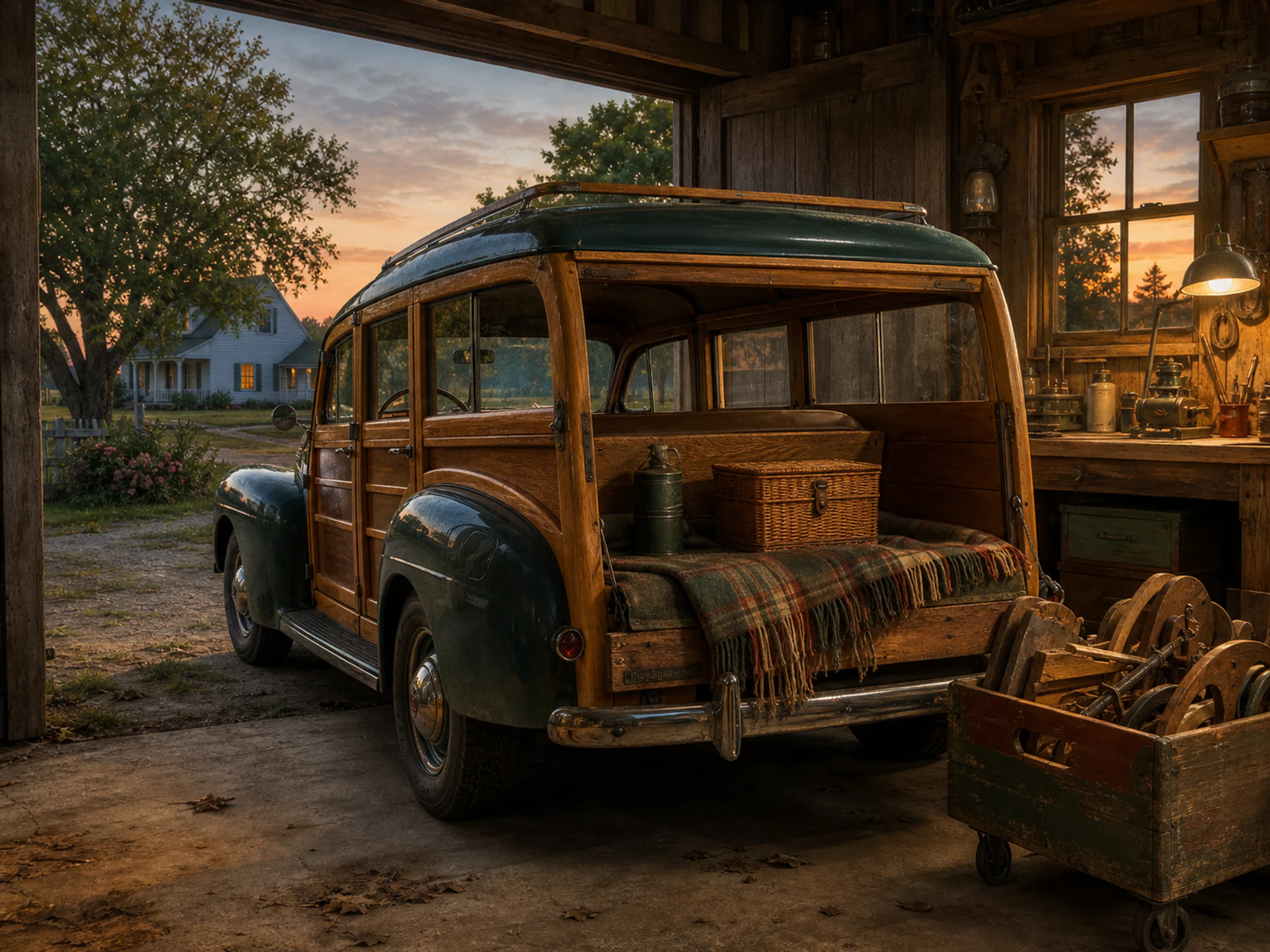 forest picnic wagon parked or serviced beside a wooden parts cart in a country garage with a forest picnic wagon beside a farmhouse, with familiar objects and warm lamplight at.
