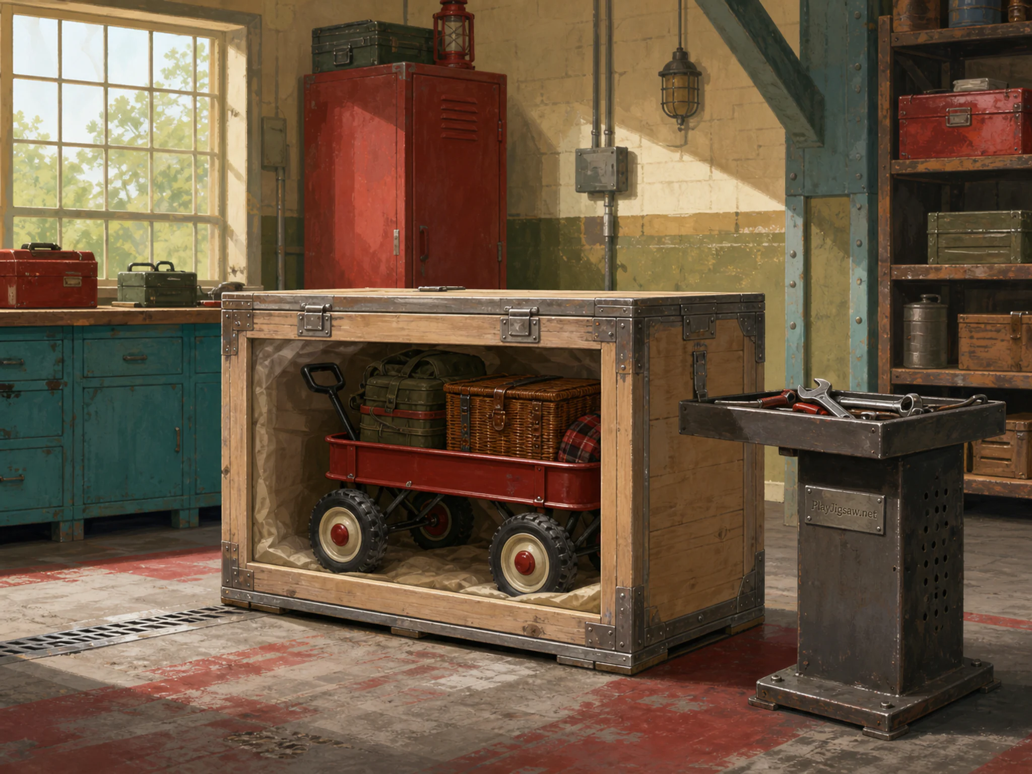 Forest Picnic Wagon prepared within sealed expedition crate in a rugged service bay, with layered scenery and bright diffused window light.