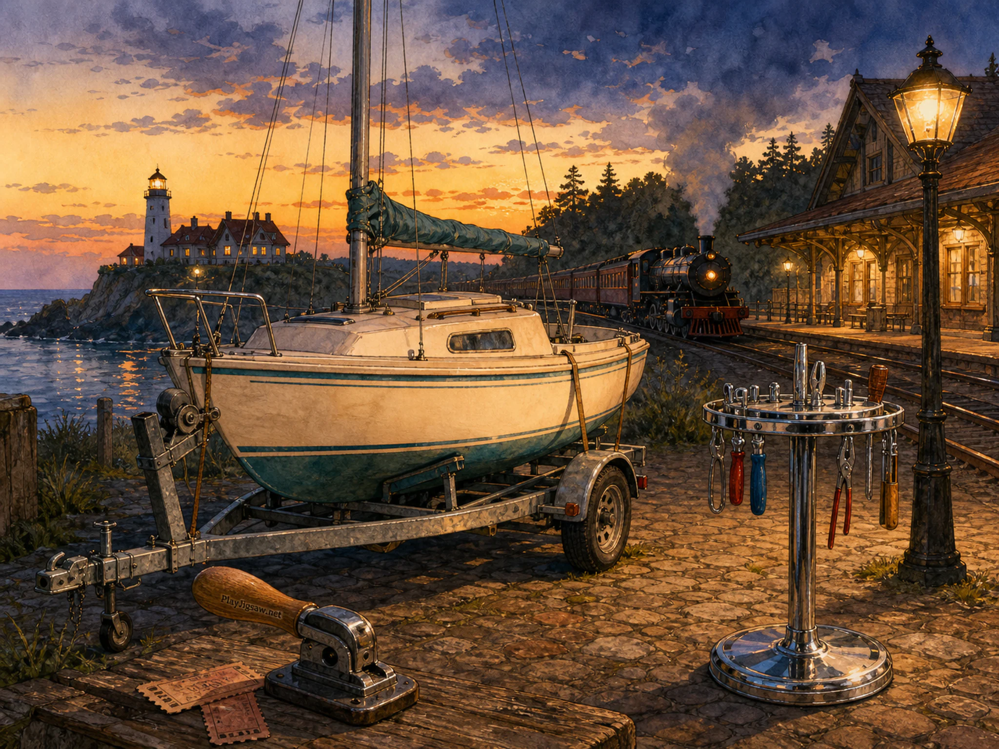 Sailboat Trailer mounted near chrome tool stand in a scenic rail corridor, with layered scenery and golden lamplight at dusk.