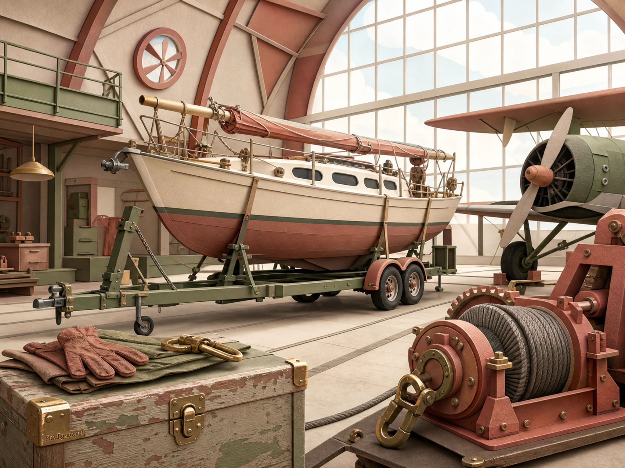 Sailboat Trailer serviced beside heavy recovery winch in a bright aviation hangar, with layered scenery and bright diffused window light.