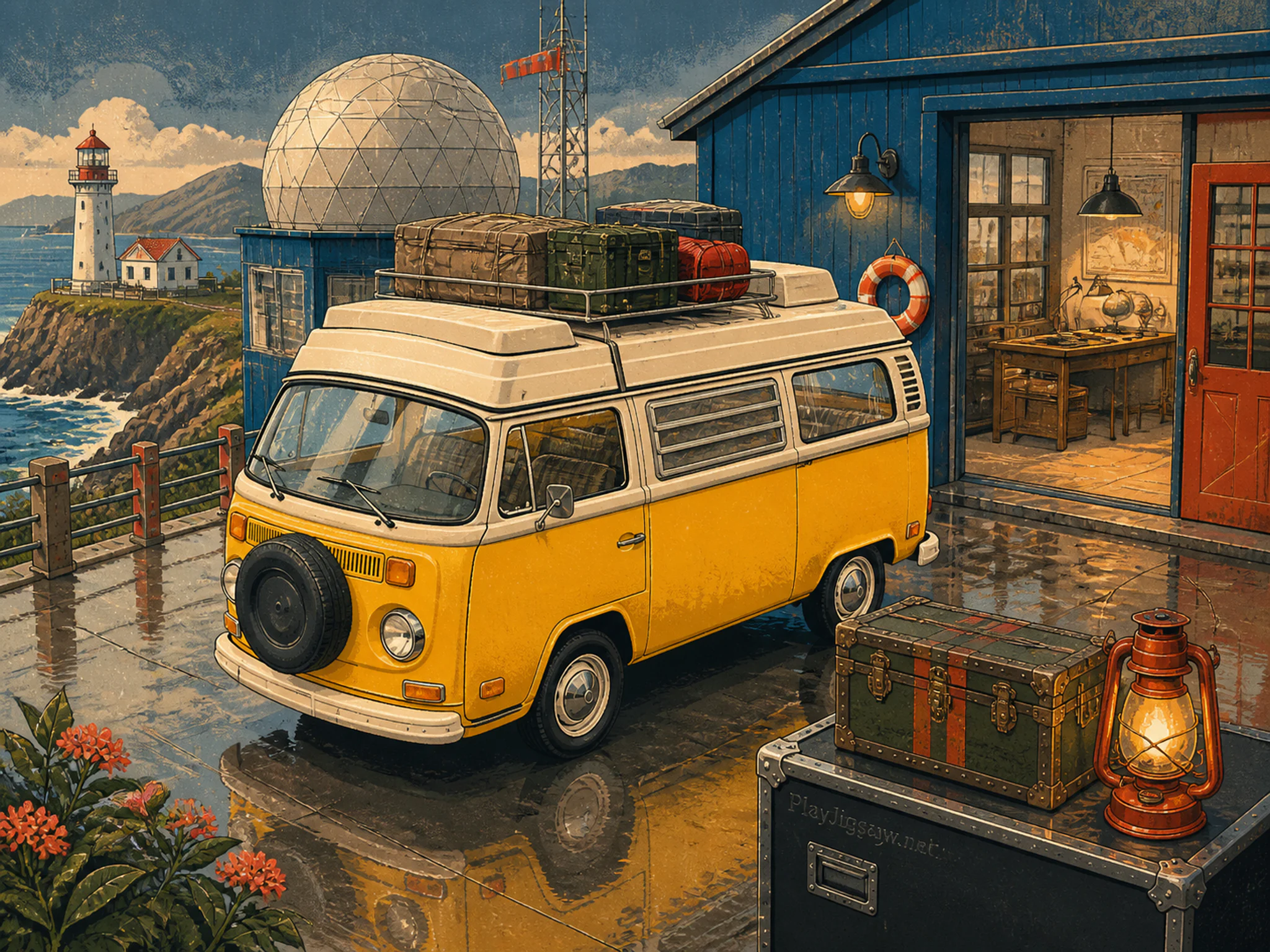 Yellow Coast Camper restored near painted luggage trunk in a specialized exploration station, with layered scenery and gentle rain with crisp reflections.