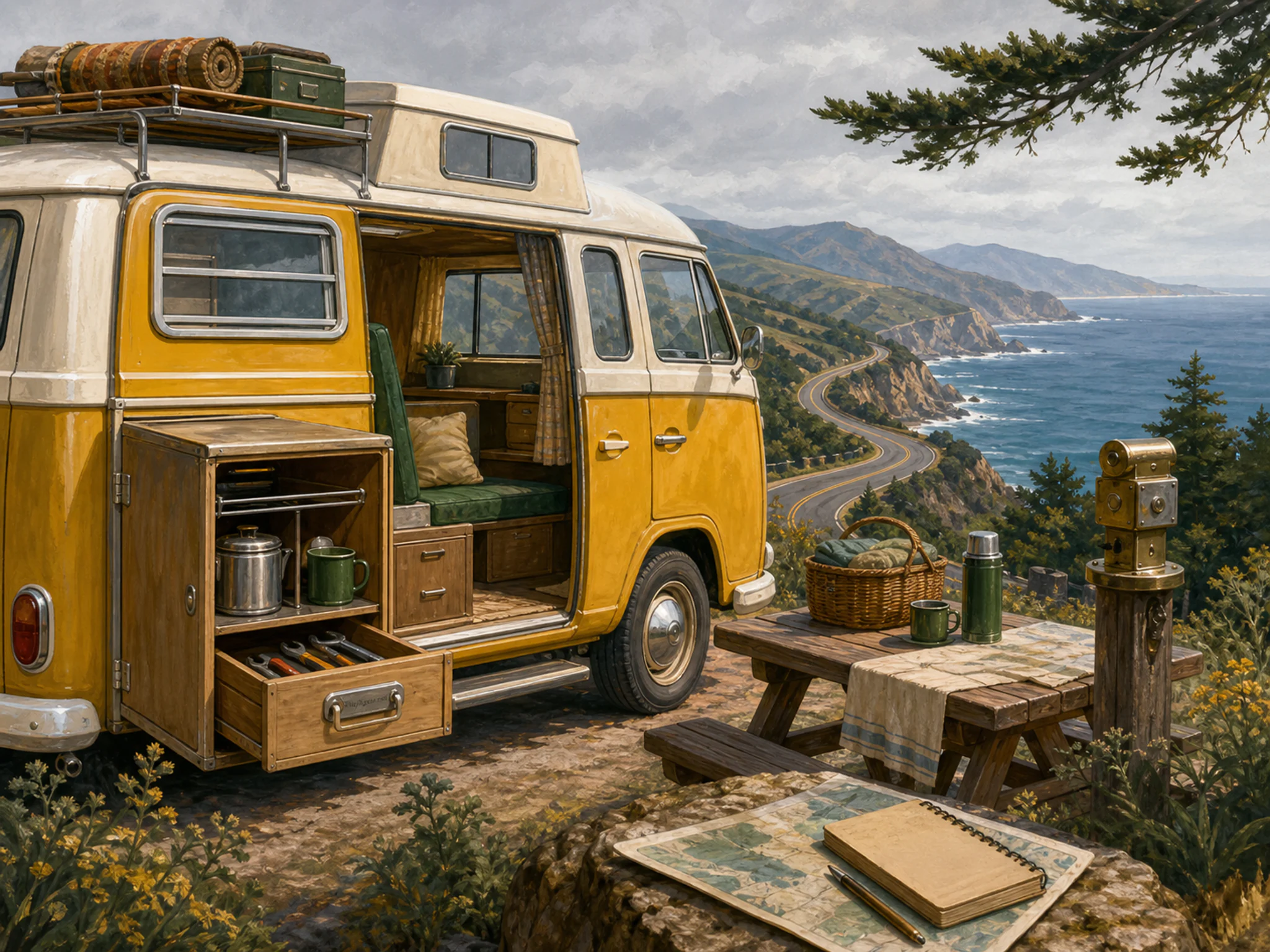 Yellow Coast Camper parked above brass ticket punch in an open road-trip overlook, with layered scenery and soft overcast afternoon.
