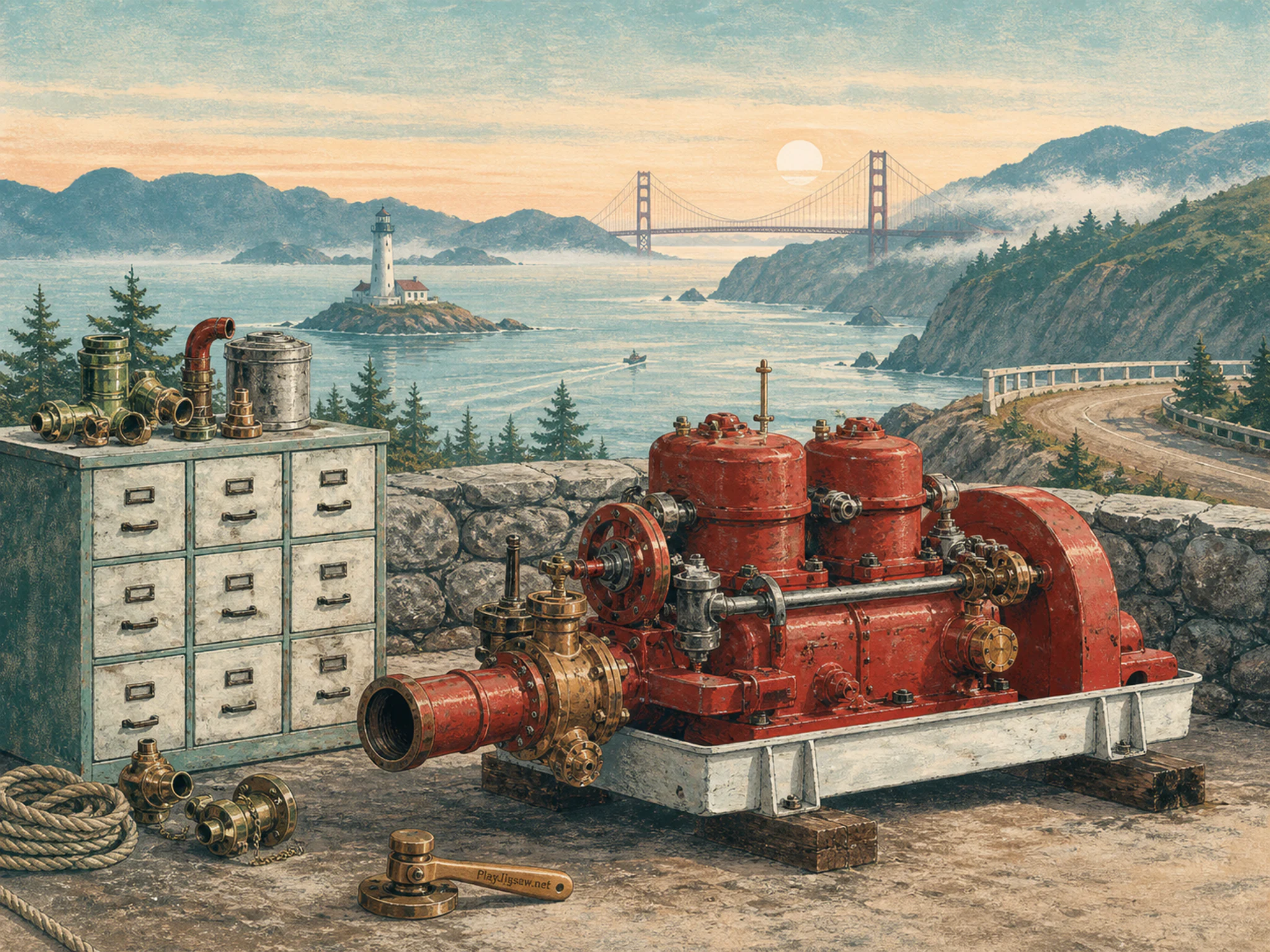 Fireboat Engine mounted near enameled parts cabinet in an open road-trip overlook, with layered scenery and calm misty dawn.