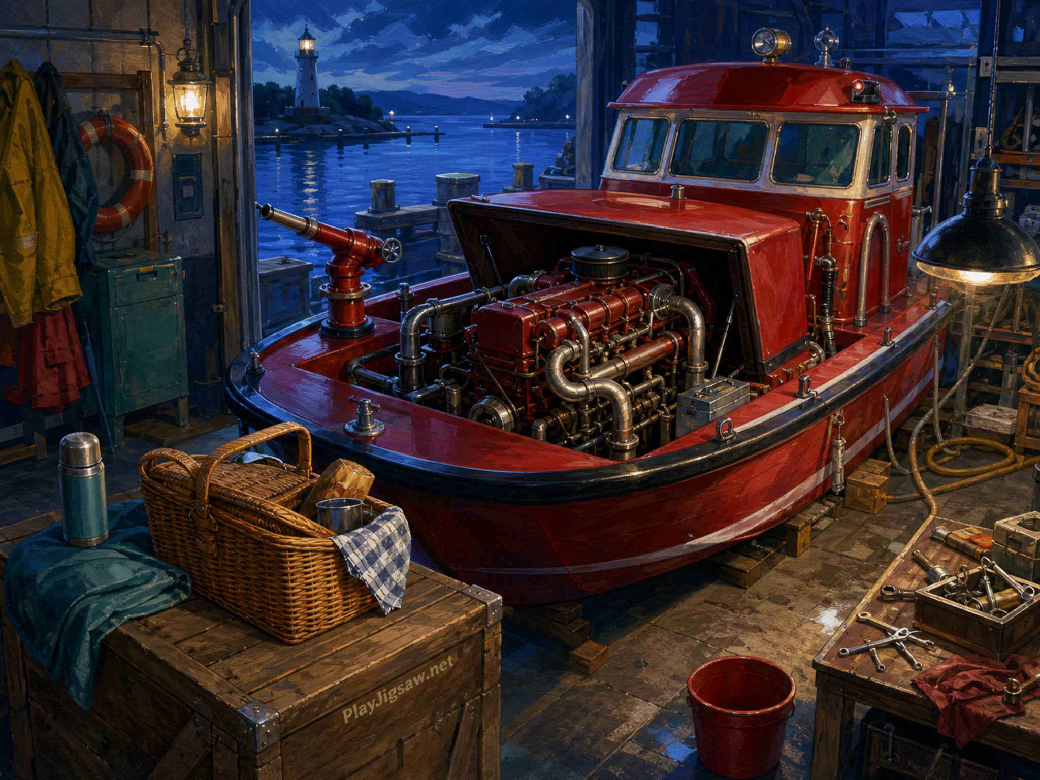Fireboat Engine serviced beside canvas picnic basket in a rugged service bay, with layered scenery and cool blue-hour light.