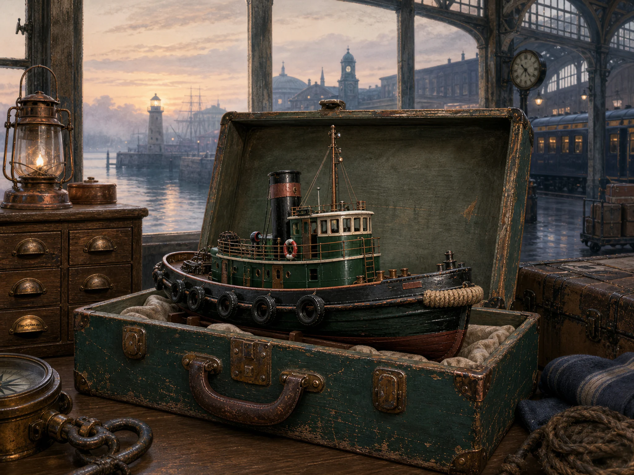 Harbor Tug staged inside painted luggage trunk in a historic transit depot, with layered scenery and calm misty dawn.