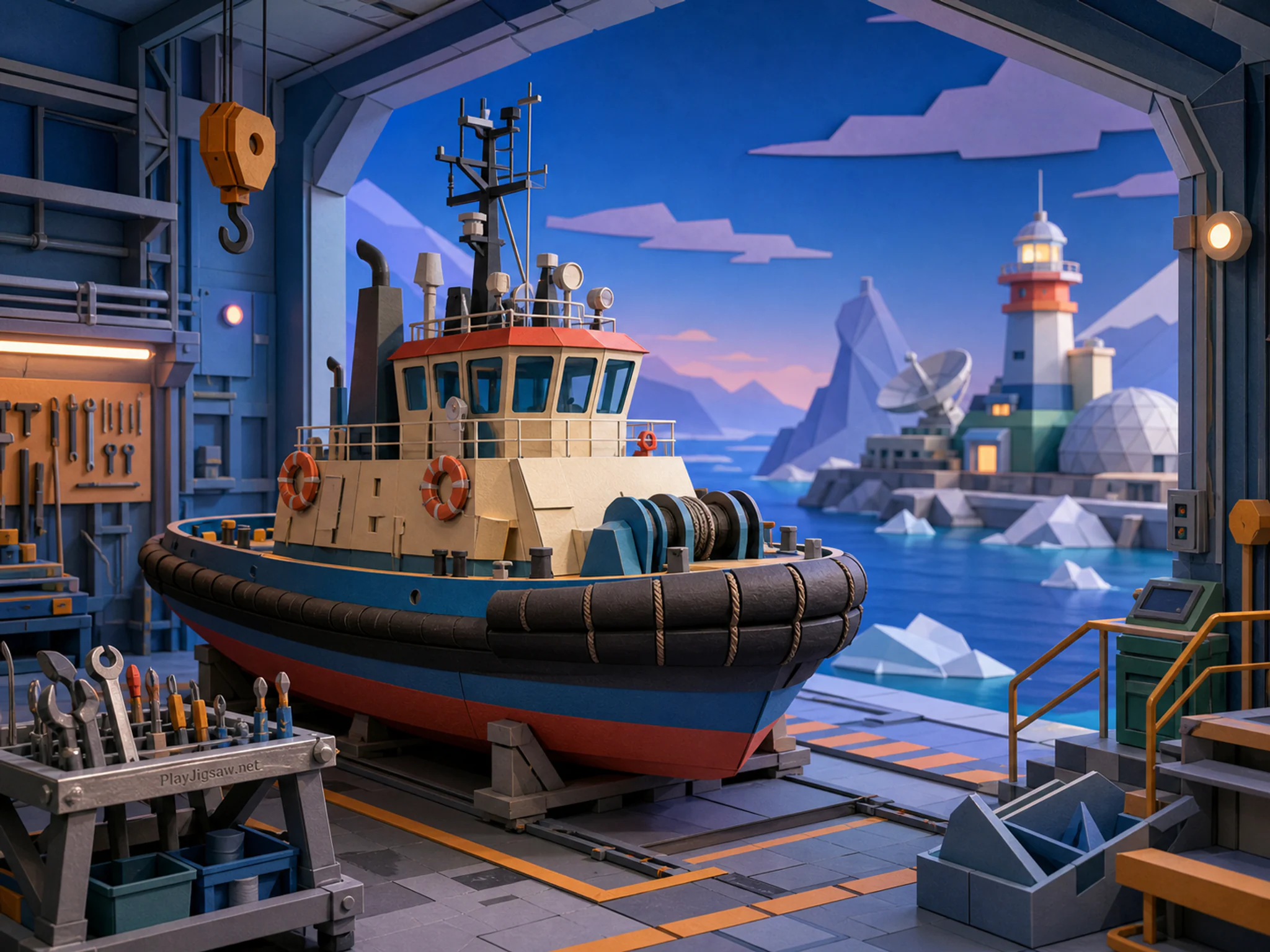 Harbor Tug prepared within brass ticket punch in a specialized exploration station, with layered scenery and cool blue-hour light.
