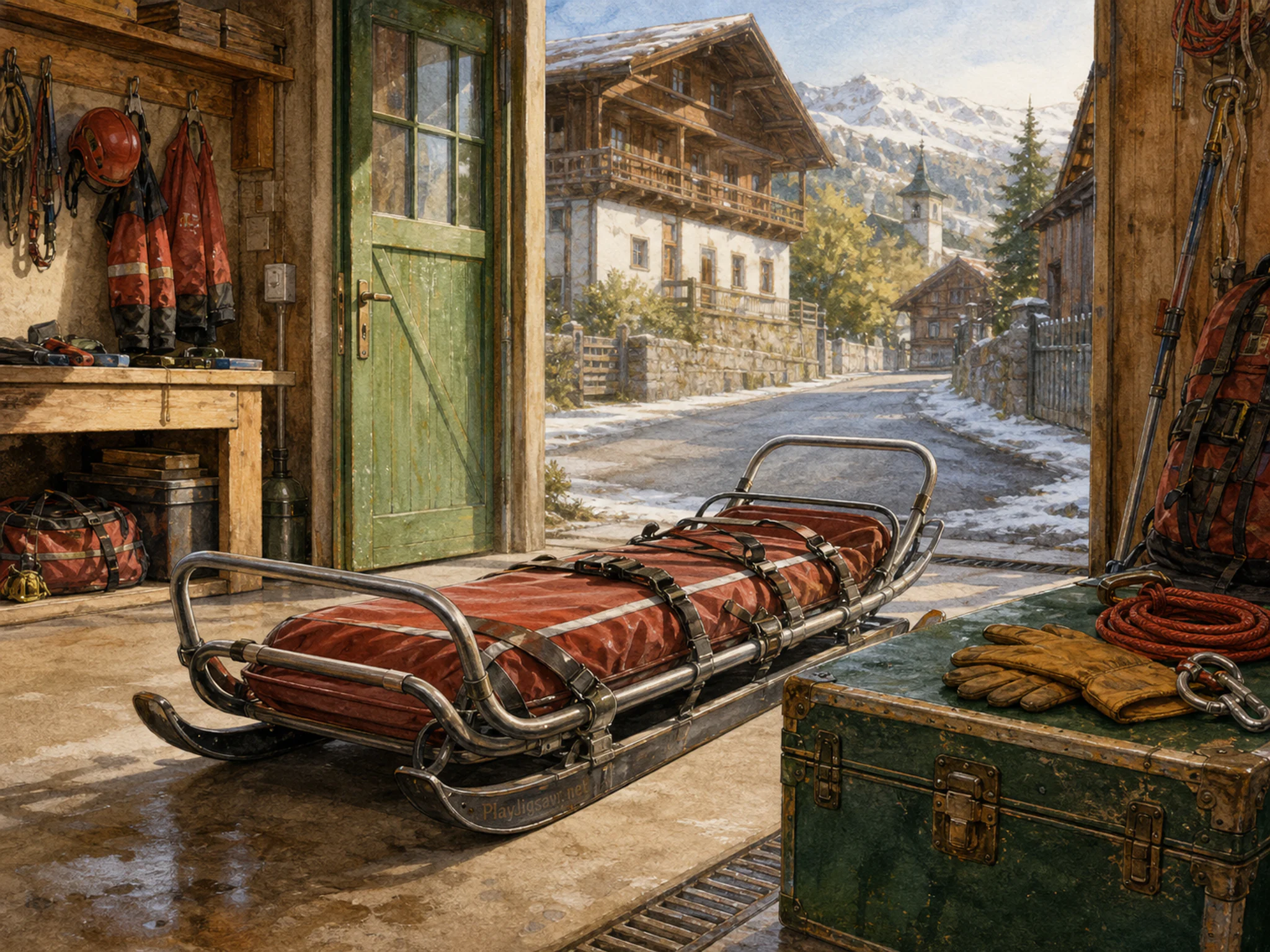mountain rescue sled parked or serviced beside a green travel trunk in a second mountain-rescue garage with a sled and winter gear, with familiar objects and clear early-morning.
