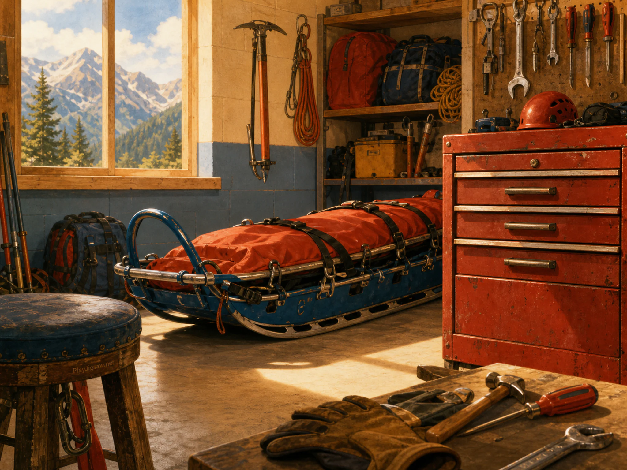 mountain rescue sled parked or serviced beside a red metal toolbox in a mountain-rescue garage with a familiar sled and hand tools, with familiar objects and golden.