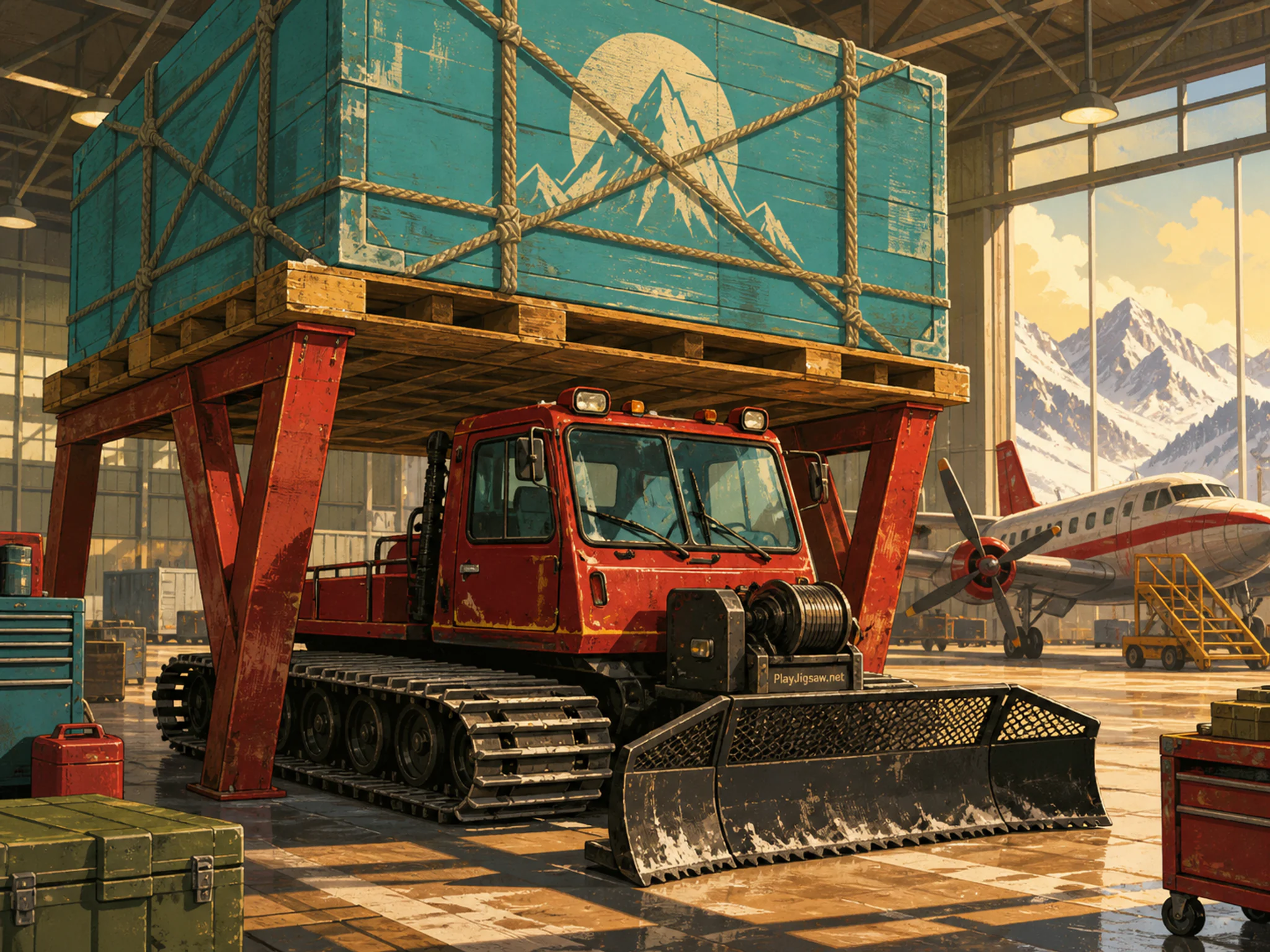Snowcat Shed waiting under sealed expedition crate in a bright aviation hangar, with layered scenery and warm late-day sunlight.