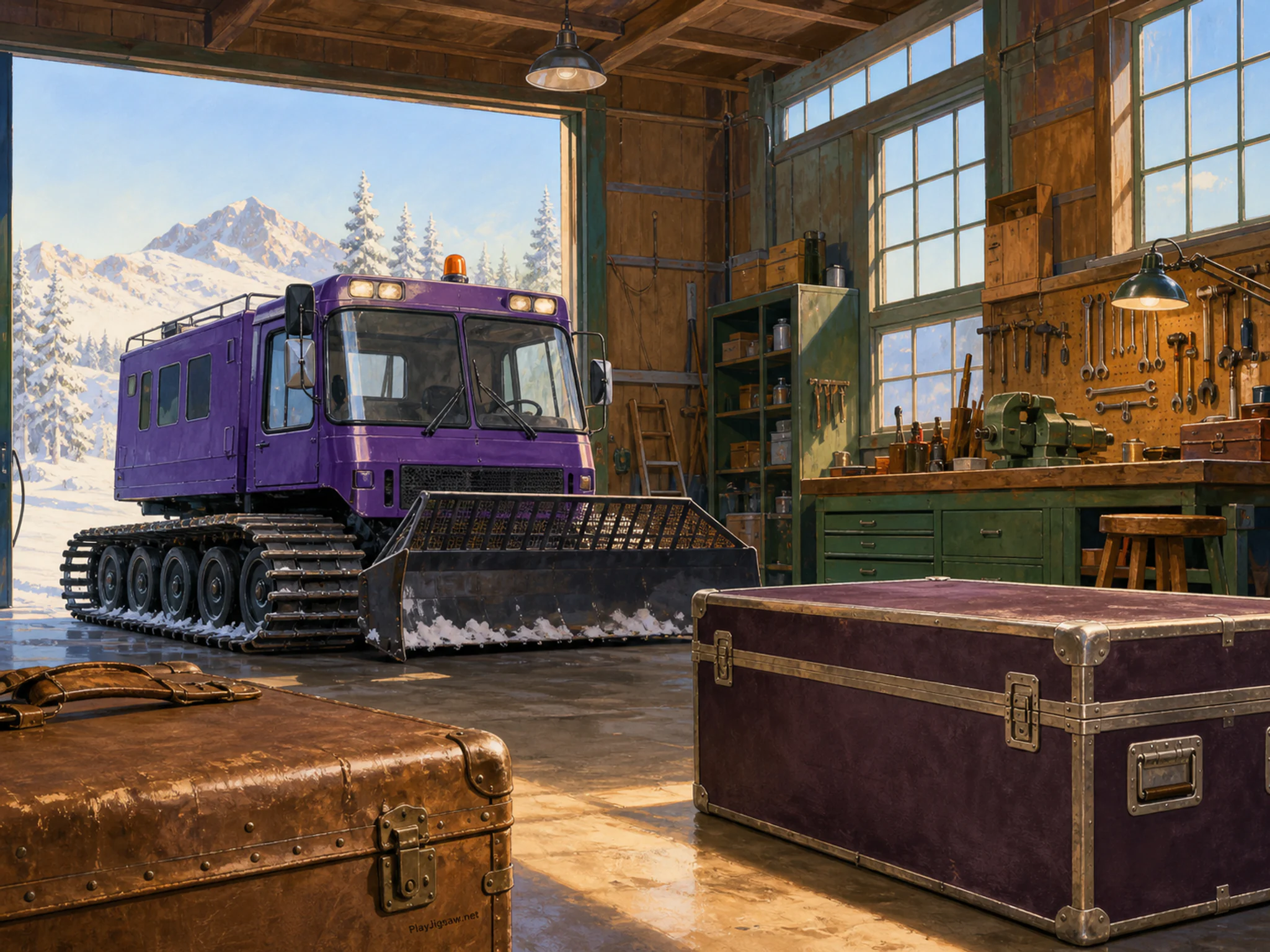 Snowcat Shed arriving beside leather flight case in a nostalgic vehicle workshop, with layered scenery and clear early morning light.
