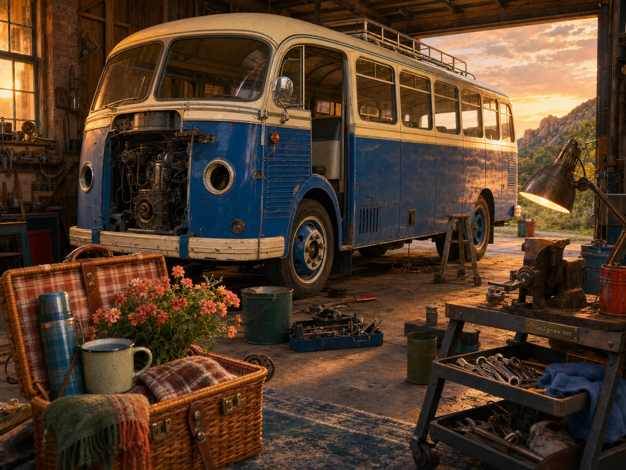 Bus Restoration arriving beside canvas picnic basket in a rugged service bay, with layered scenery and golden lamplight at dusk.